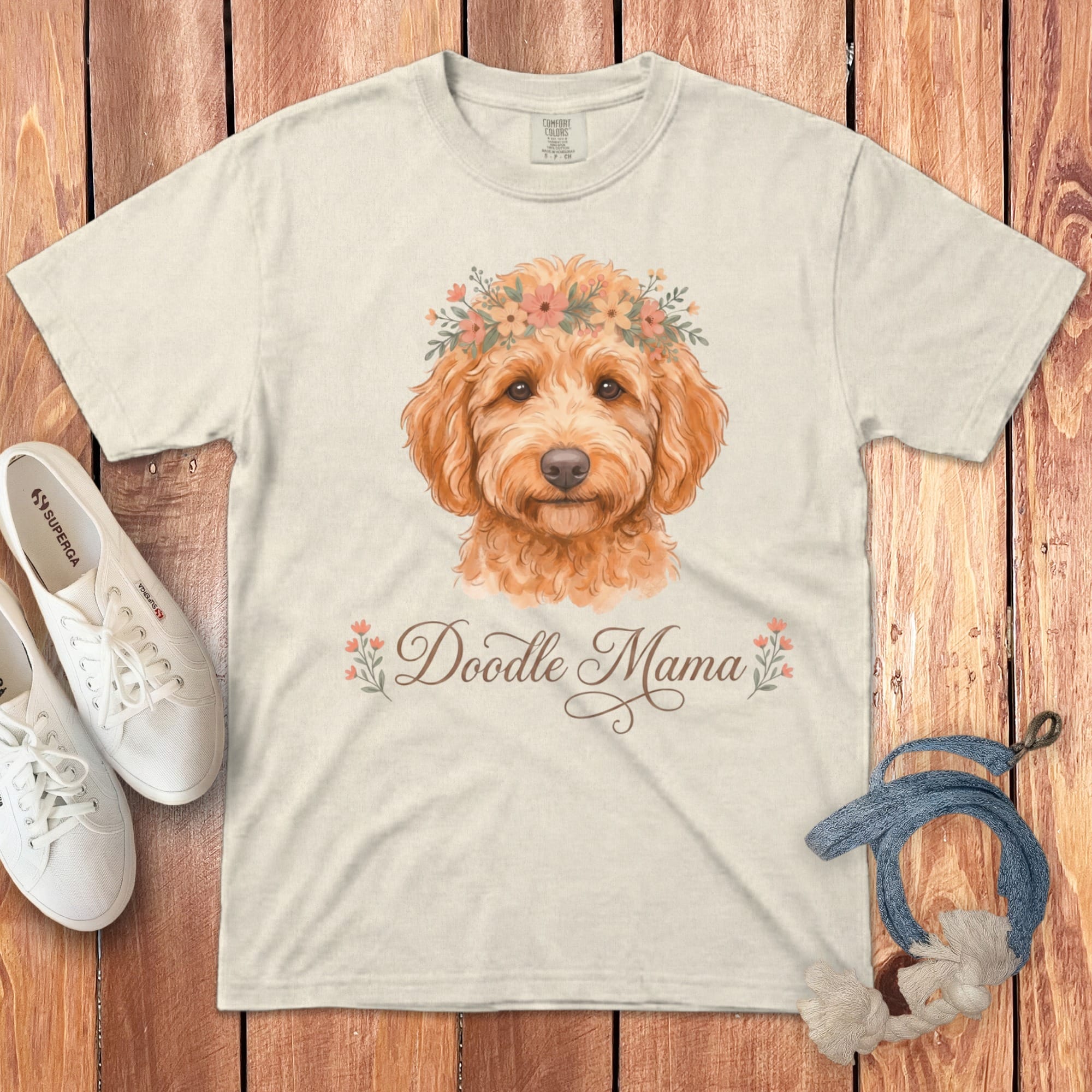 Apricot Goldendoodle Floral Crown Signature T-Shirt in Ivory / S by Puppy Jo