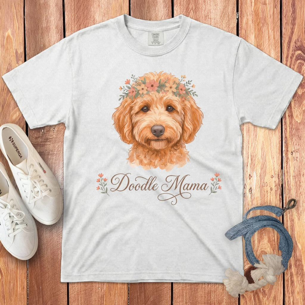 Apricot Goldendoodle Floral Crown Signature T-Shirt in White / S by Puppy Jo