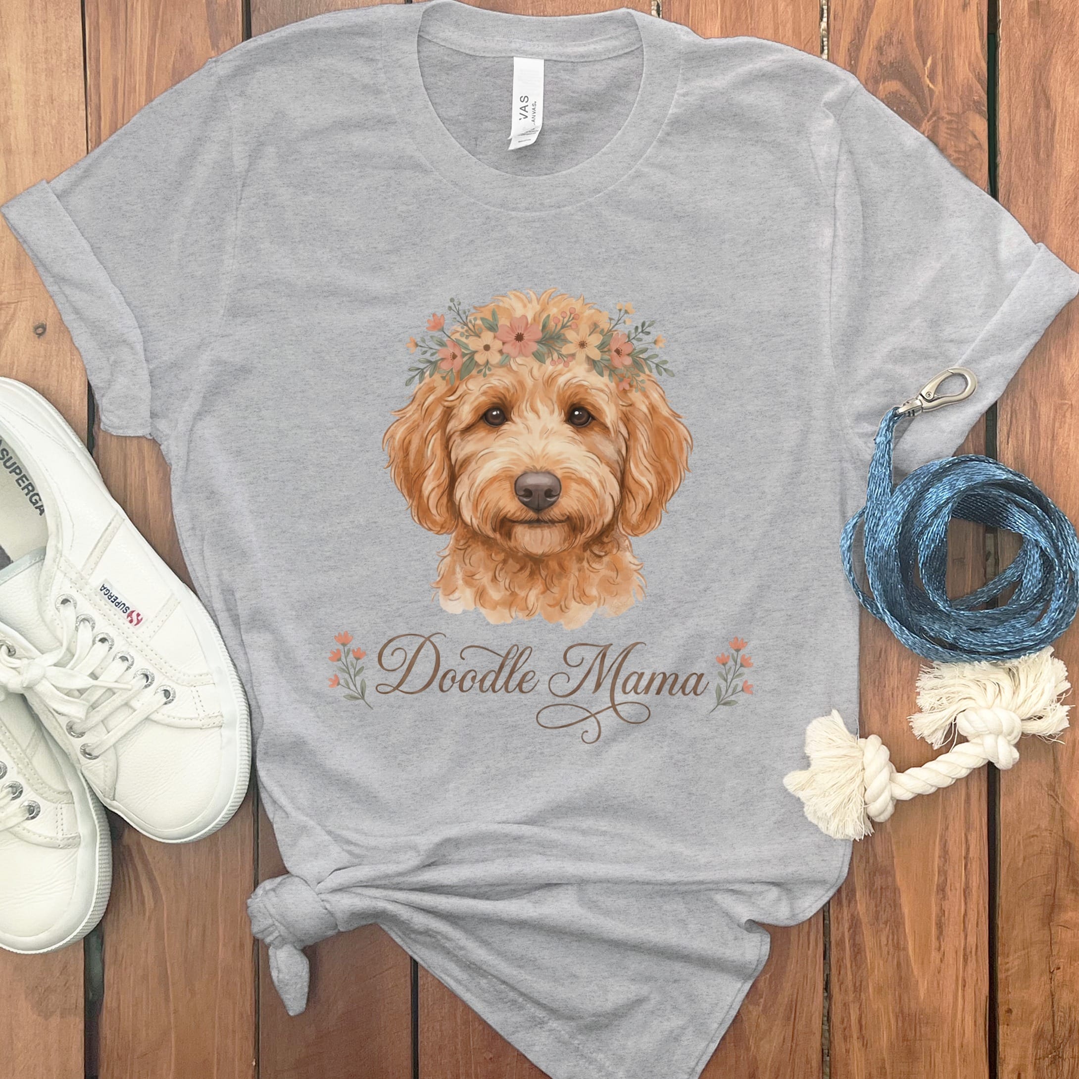 Apricot Goldendoodle Floral Crown T-Shirt in Athletic Heather / S by Puppy Jo