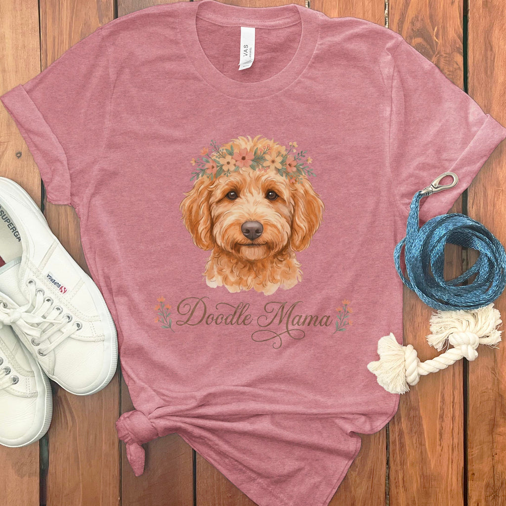 Apricot Goldendoodle Floral Crown T-Shirt in Heather Mauve / S by Puppy Jo