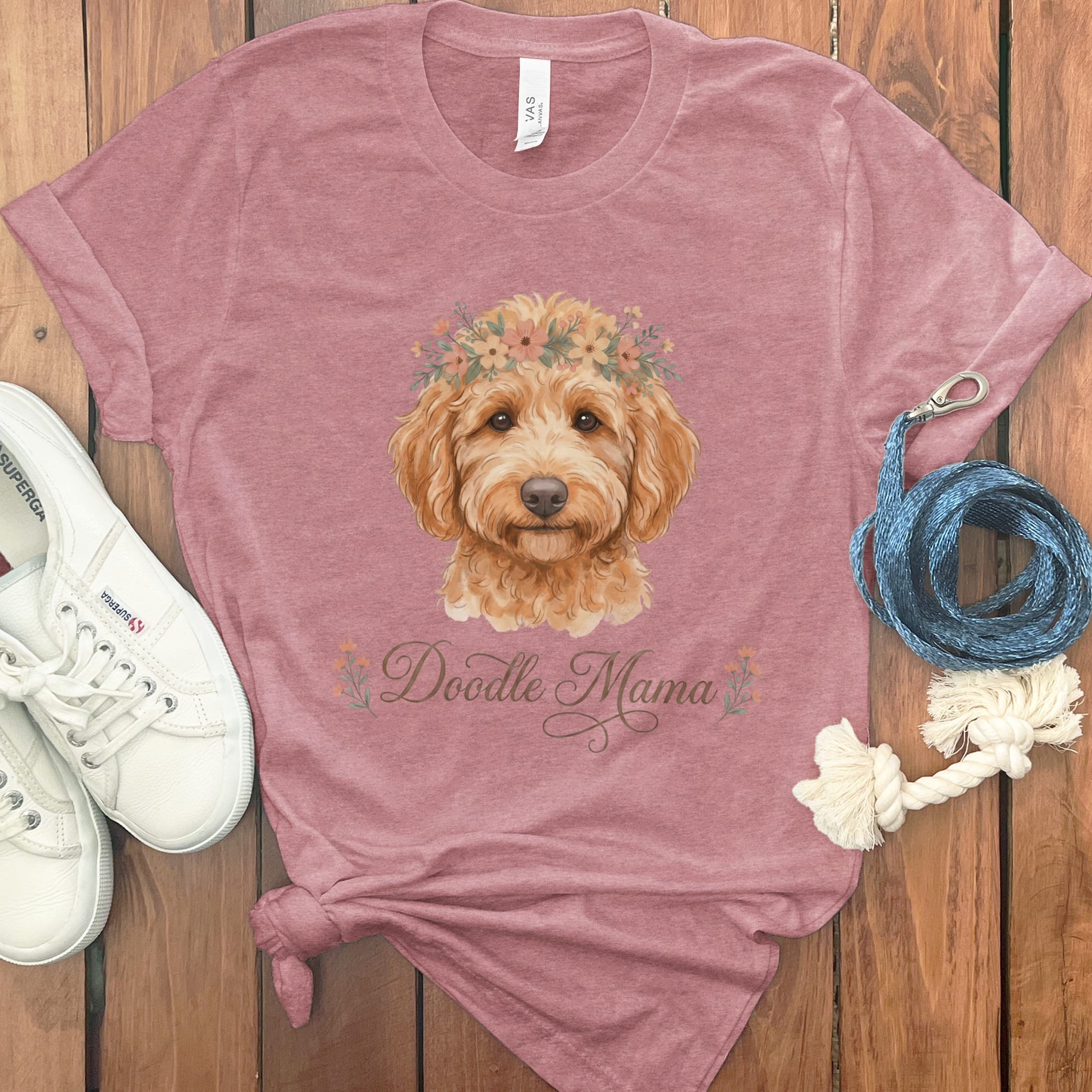 Apricot Goldendoodle Floral Crown T-Shirt in Heather Mauve / S by Puppy Jo