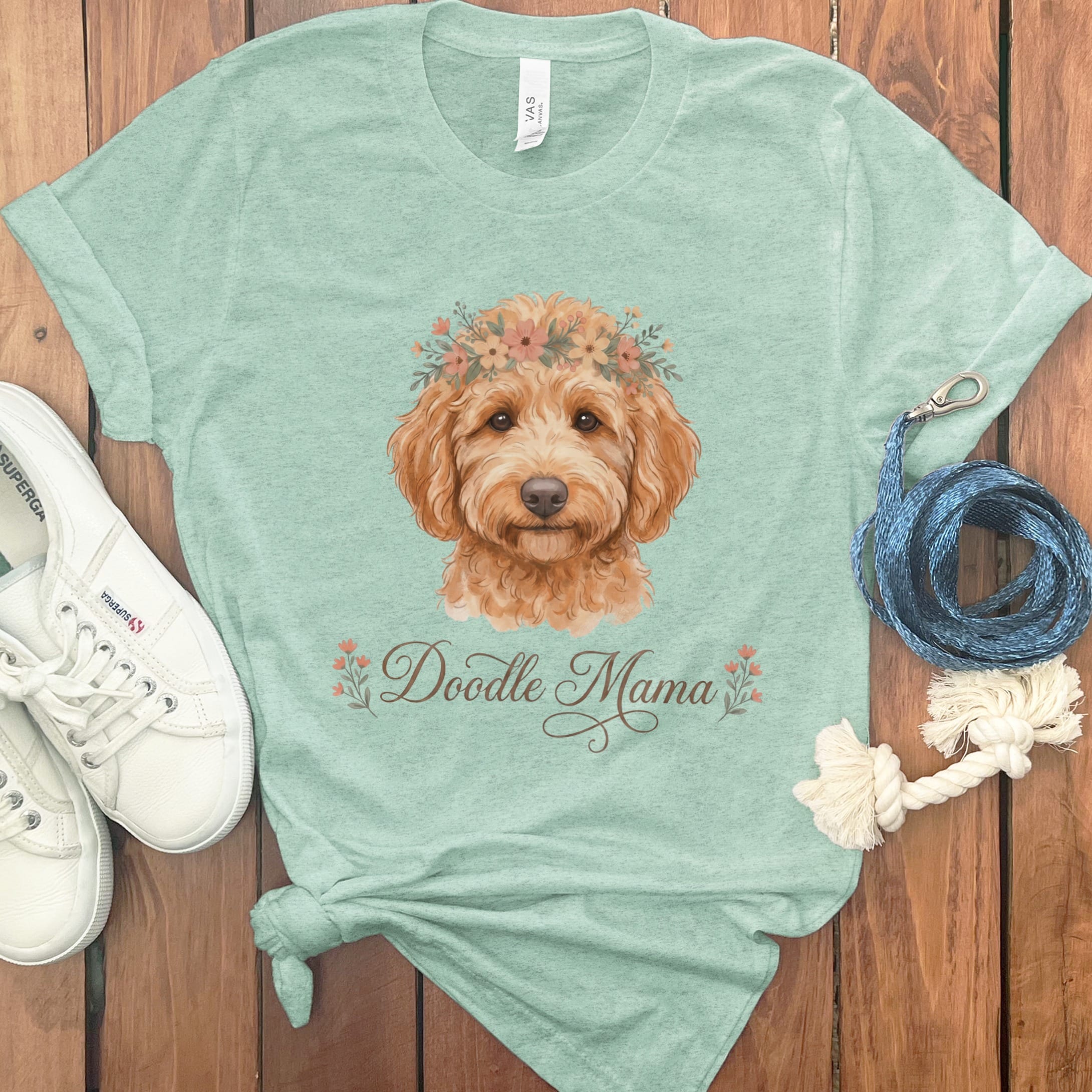 Apricot Goldendoodle Floral Crown T-Shirt in Heather Mint / XL by Puppy Jo