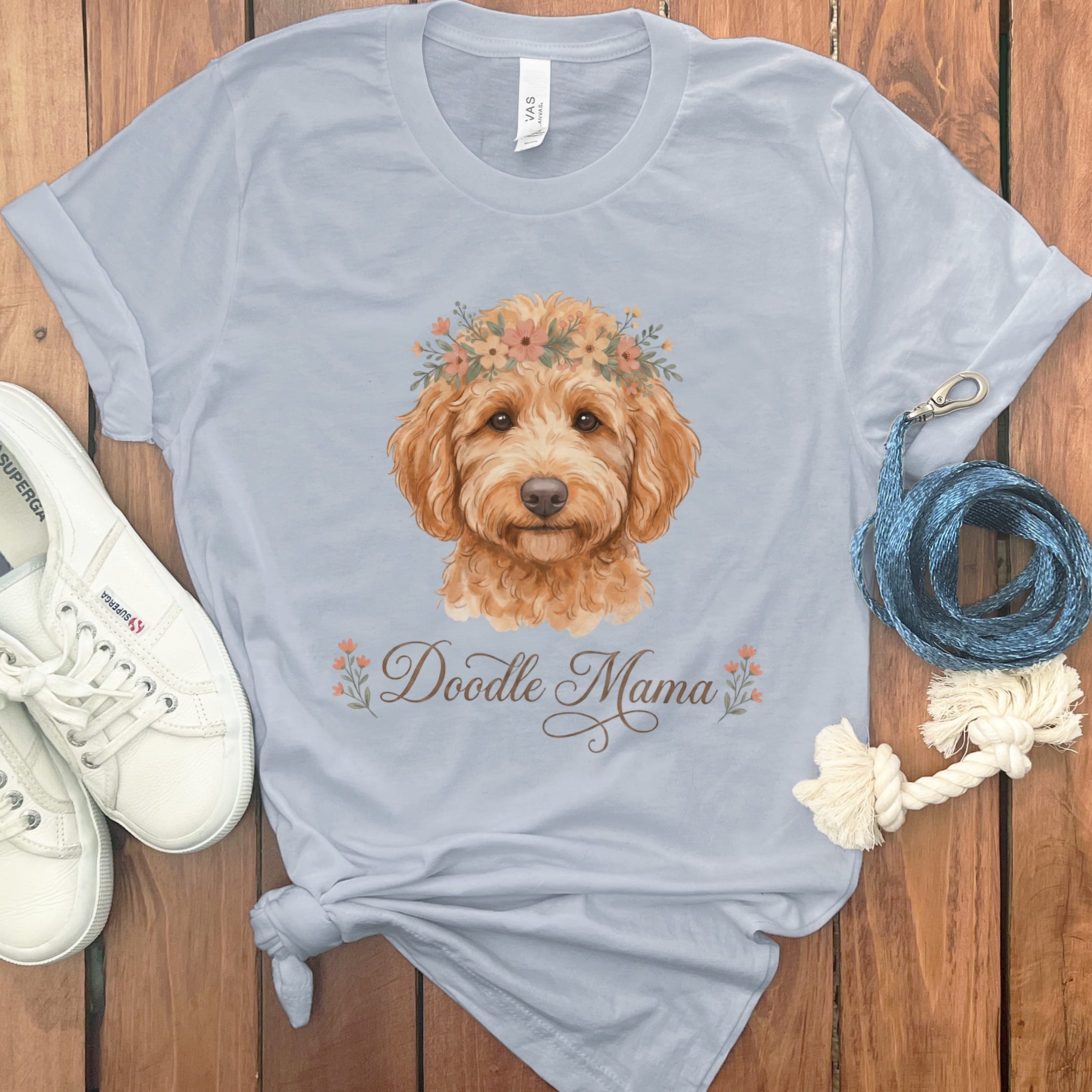 Apricot Goldendoodle Floral Crown T-Shirt in Light Blue / S by Puppy Jo