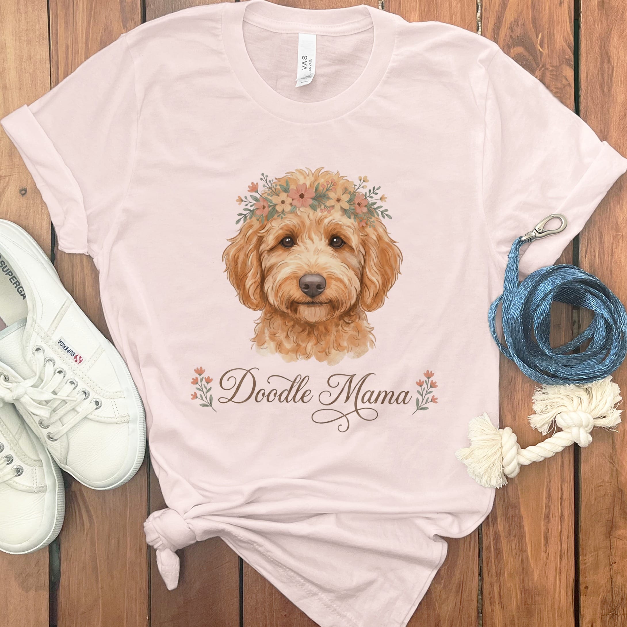 Apricot Goldendoodle Floral Crown T-Shirt in Soft Pink / S by Puppy Jo