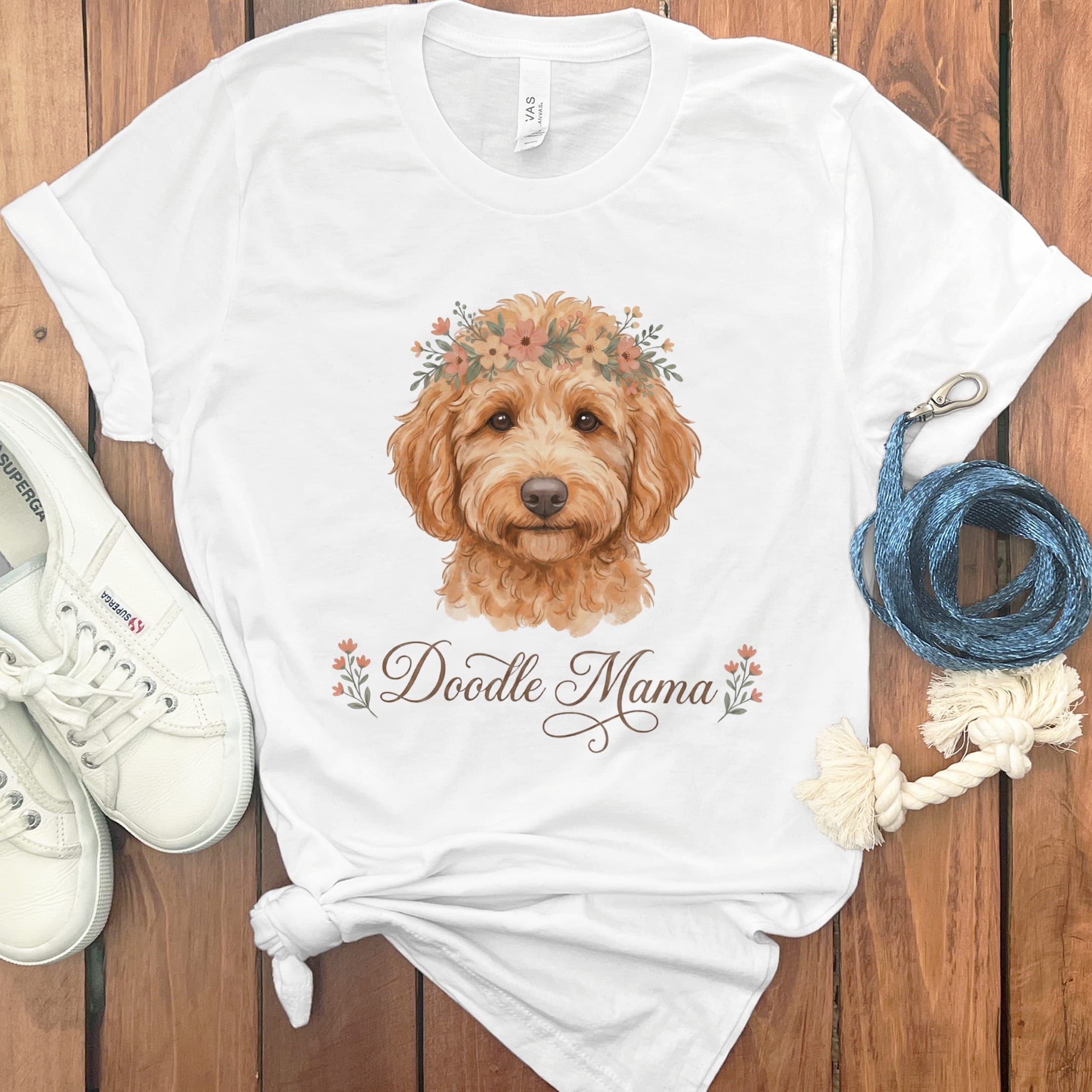 Apricot Goldendoodle Floral Crown T-Shirt in White / S by Puppy Jo