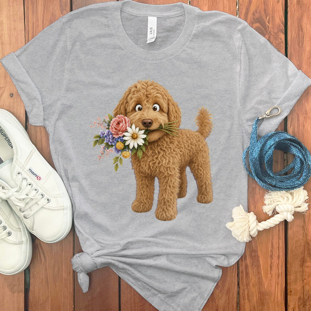 Apricot Goldendoodle Flower Shop T-Shirt in Athletic Heather / S by Puppy Jo