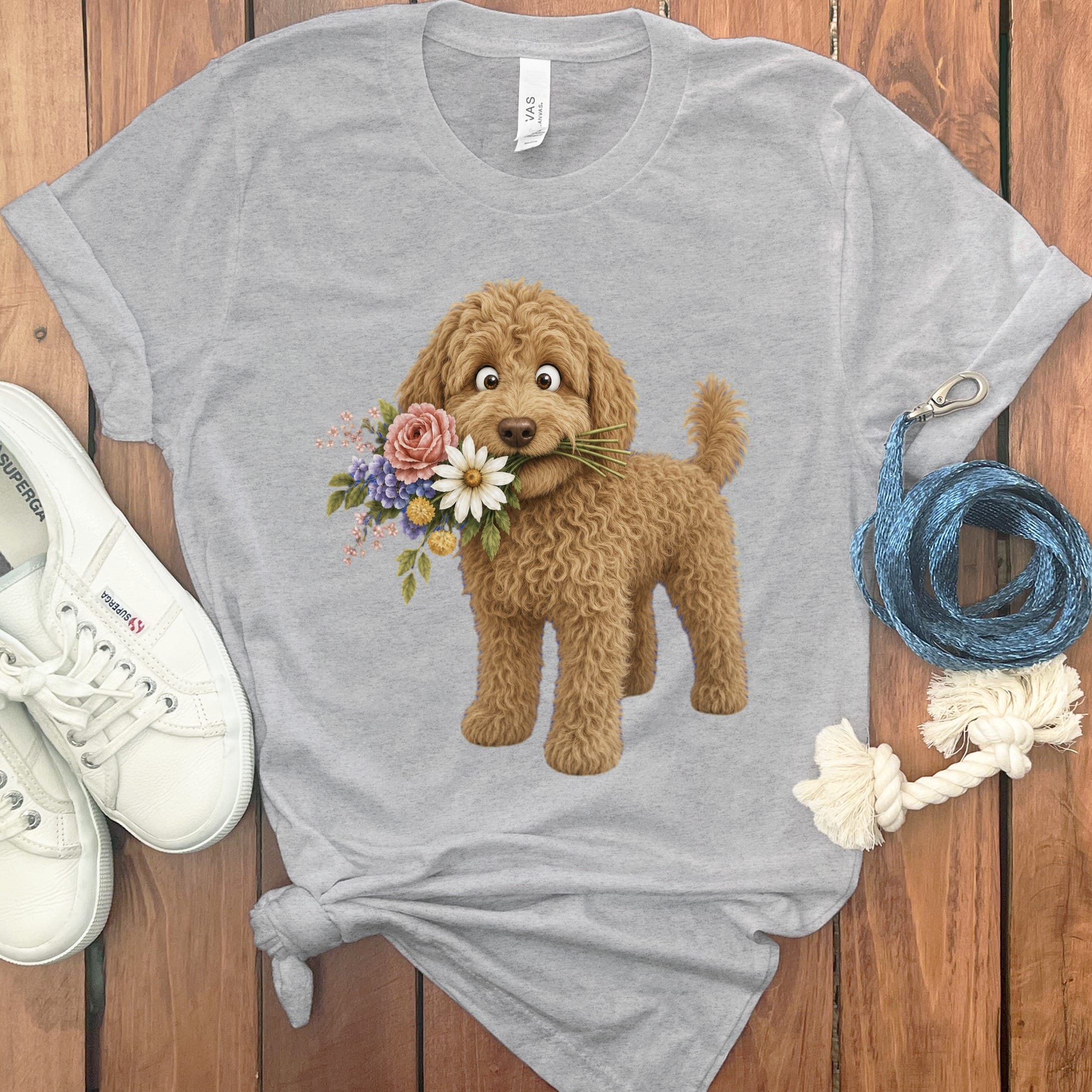 Apricot Goldendoodle Flower Shop T-Shirt in Athletic Heather / S by Puppy Jo