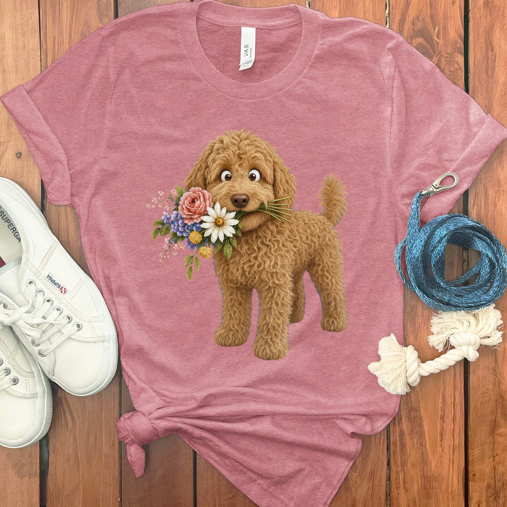 Apricot Goldendoodle Flower Shop T-Shirt in Heather Mauve / S by Puppy Jo