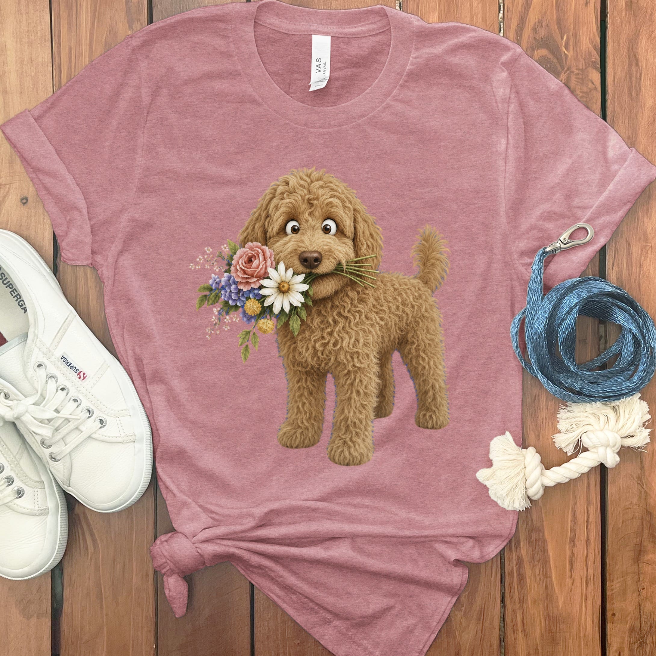 Apricot Goldendoodle Flower Shop T-Shirt in Heather Mauve / S by Puppy Jo
