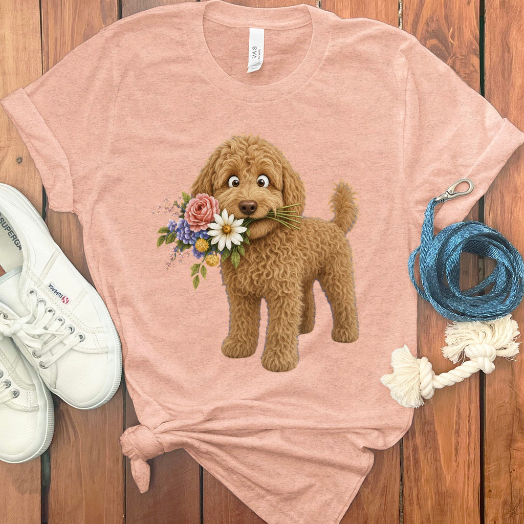 Apricot Goldendoodle Flower Shop T-Shirt in Heather Peach / S by Puppy Jo