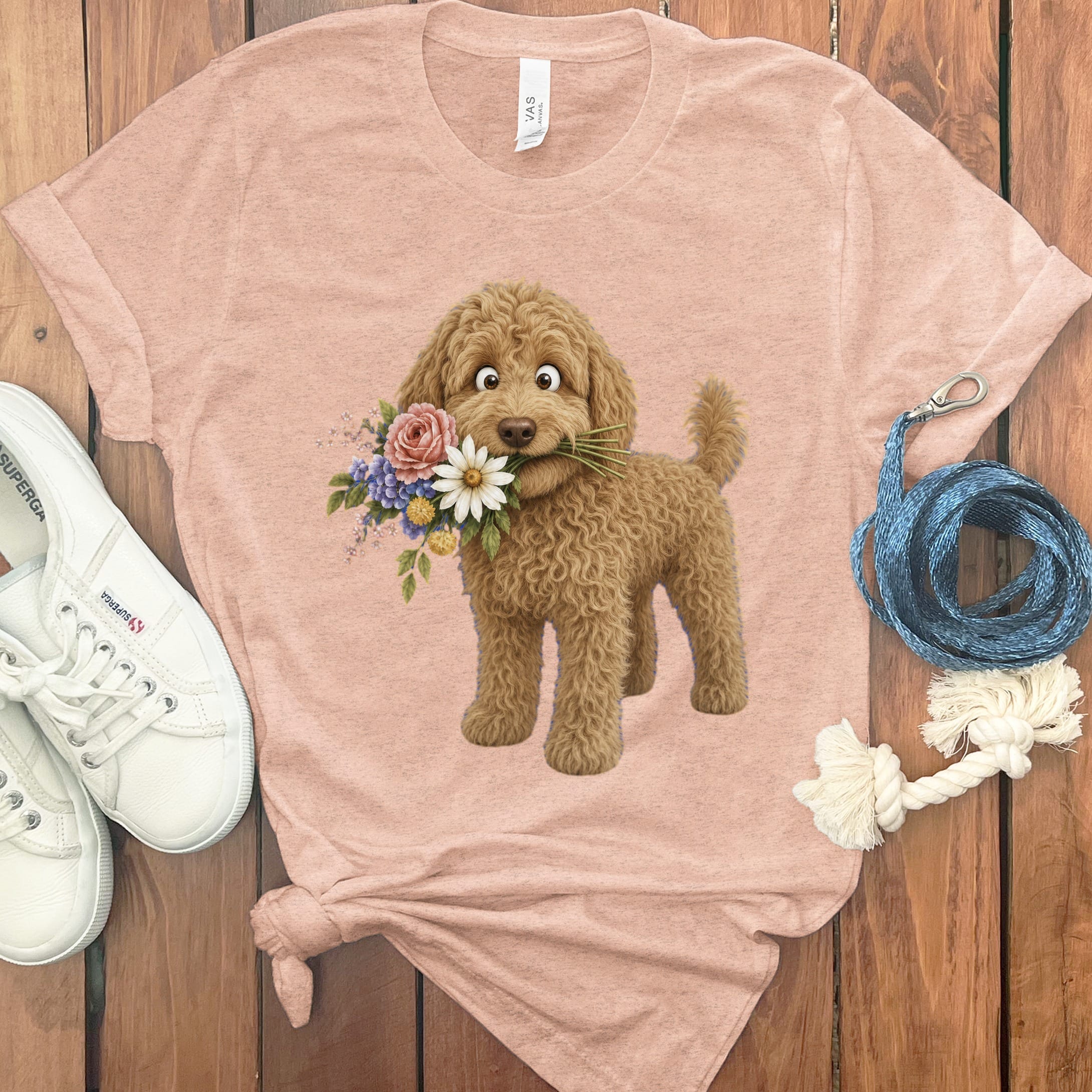 Apricot Goldendoodle Flower Shop T-Shirt in Heather Peach / S by Puppy Jo