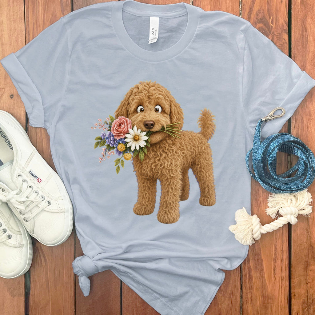 Apricot Goldendoodle Flower Shop T-Shirt in Light Blue / S by Puppy Jo