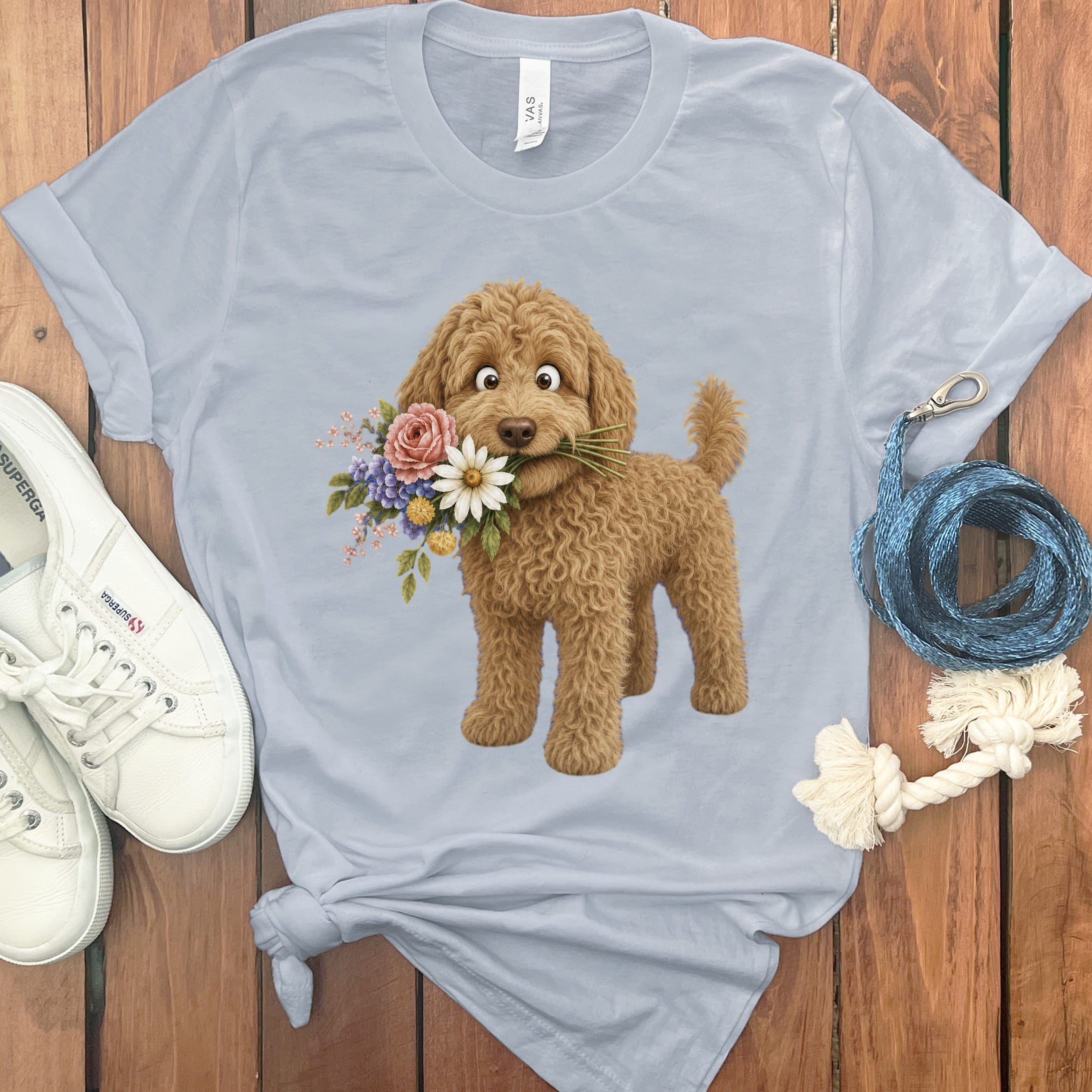 Apricot Goldendoodle Flower Shop T-Shirt in Light Blue / S by Puppy Jo