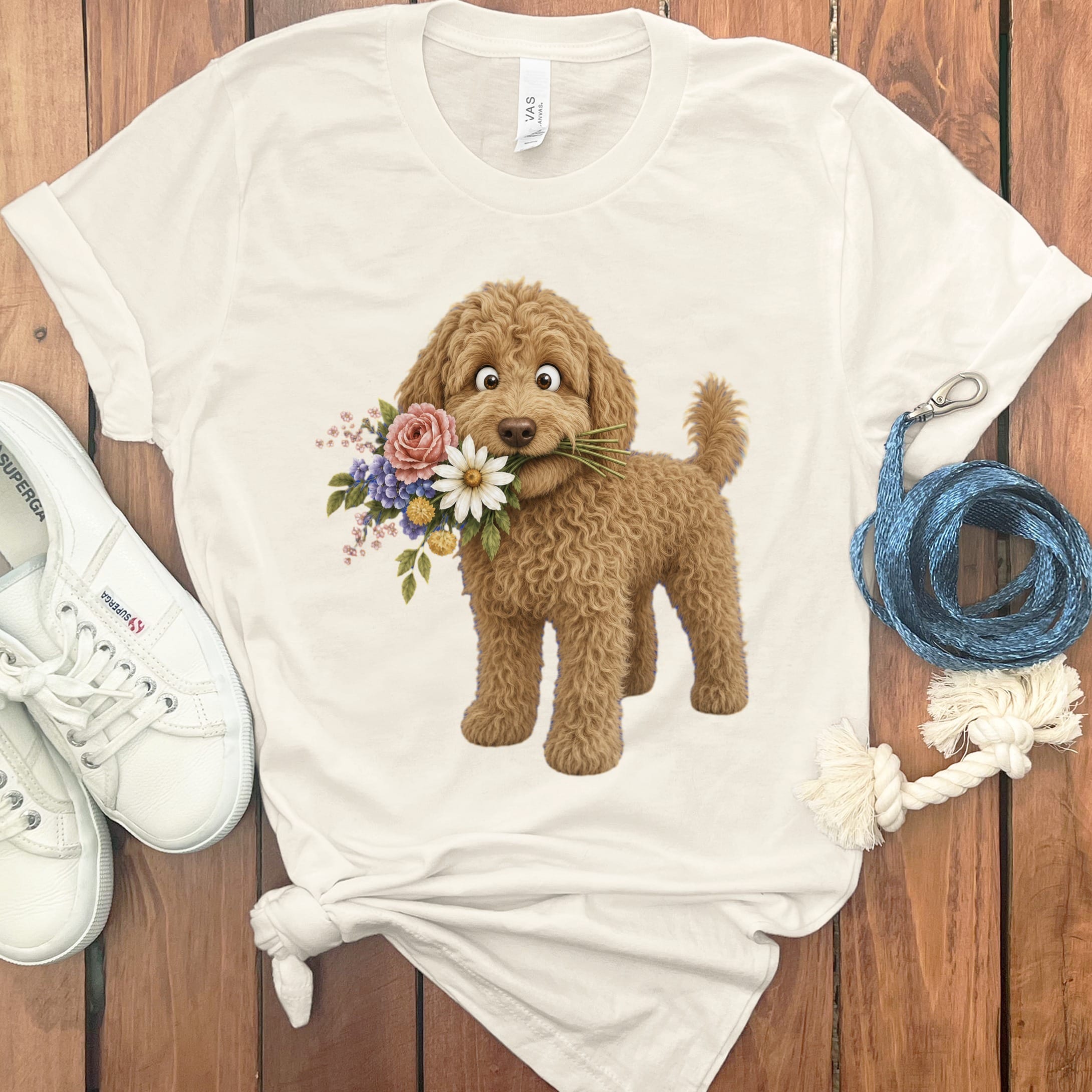 Apricot Goldendoodle Flower Shop T-Shirt in Natural / S by Puppy Jo