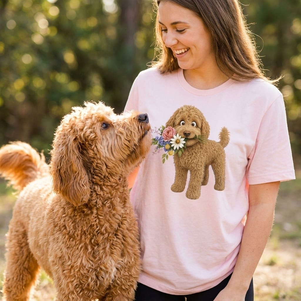 Apricot Goldendoodle Flower Shop T-Shirt in by Puppy Jo