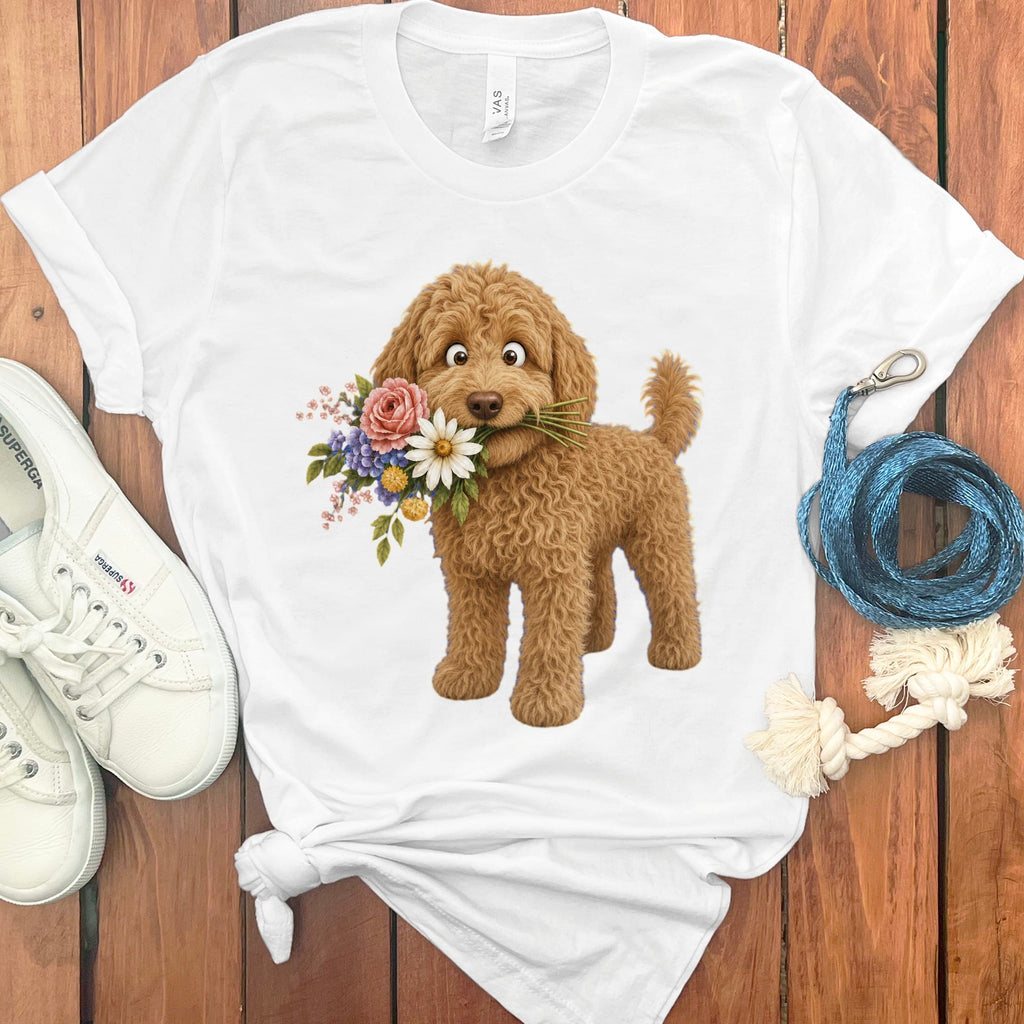 Apricot Goldendoodle Flower Shop T-Shirt in White / S by Puppy Jo