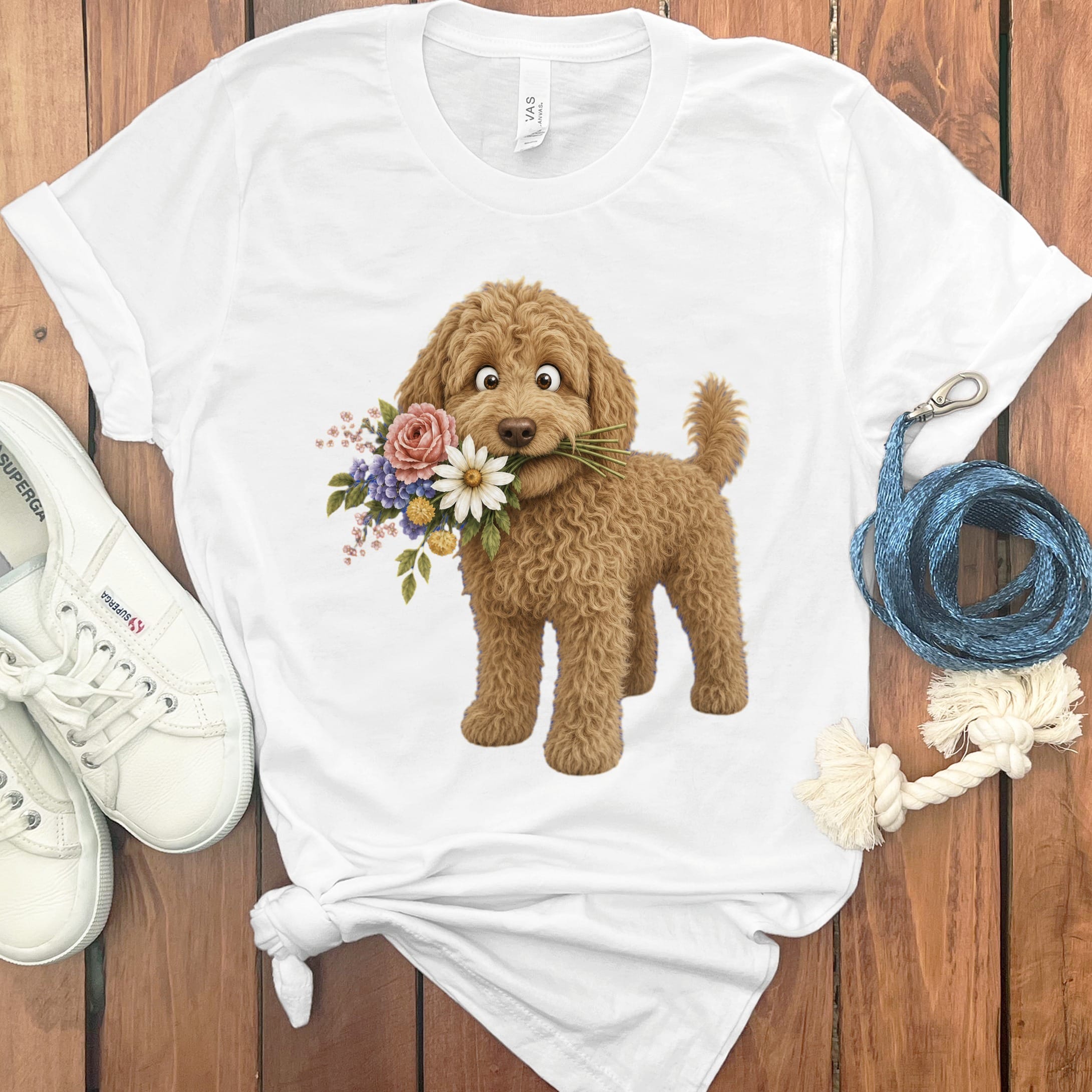 Apricot Goldendoodle Flower Shop T-Shirt in White / S by Puppy Jo