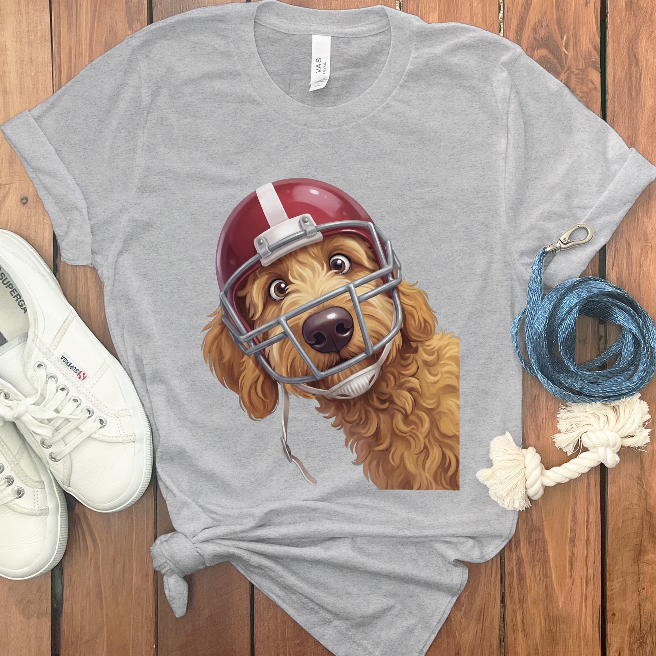 Apricot Goldendoodle Football Helmet T-Shirt in Athletic Heather / S by Puppy Jo