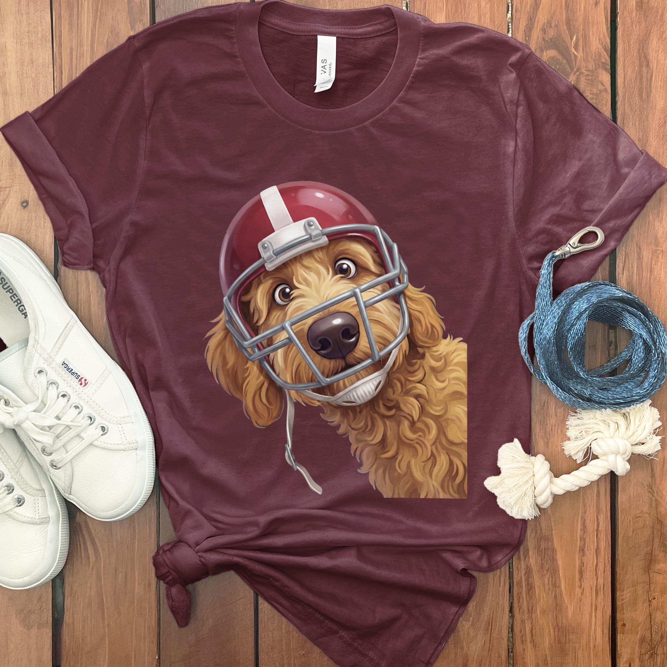 Apricot Goldendoodle Football Helmet T-Shirt in Maroon / S by Puppy Jo