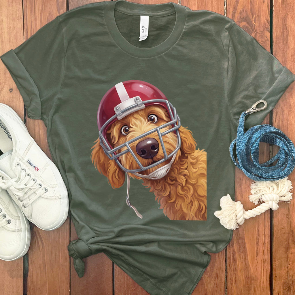 Apricot Goldendoodle Football Helmet T-Shirt in Military Green / S by Puppy Jo