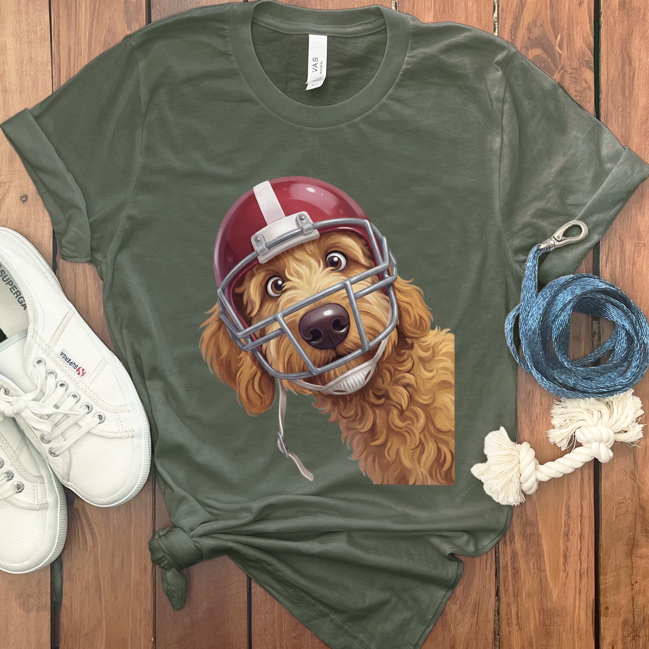 Apricot Goldendoodle Football Helmet T-Shirt in Military Green / S by Puppy Jo