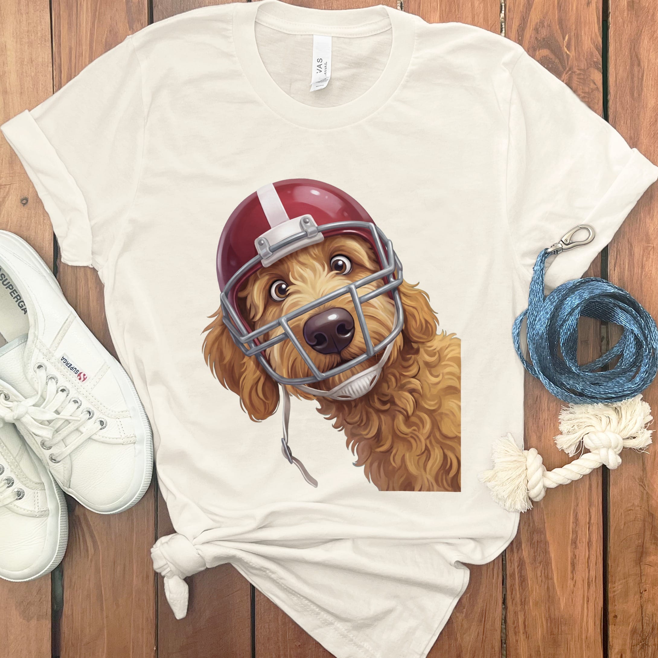 Apricot Goldendoodle Football Helmet T-Shirt in Natural / S by Puppy Jo