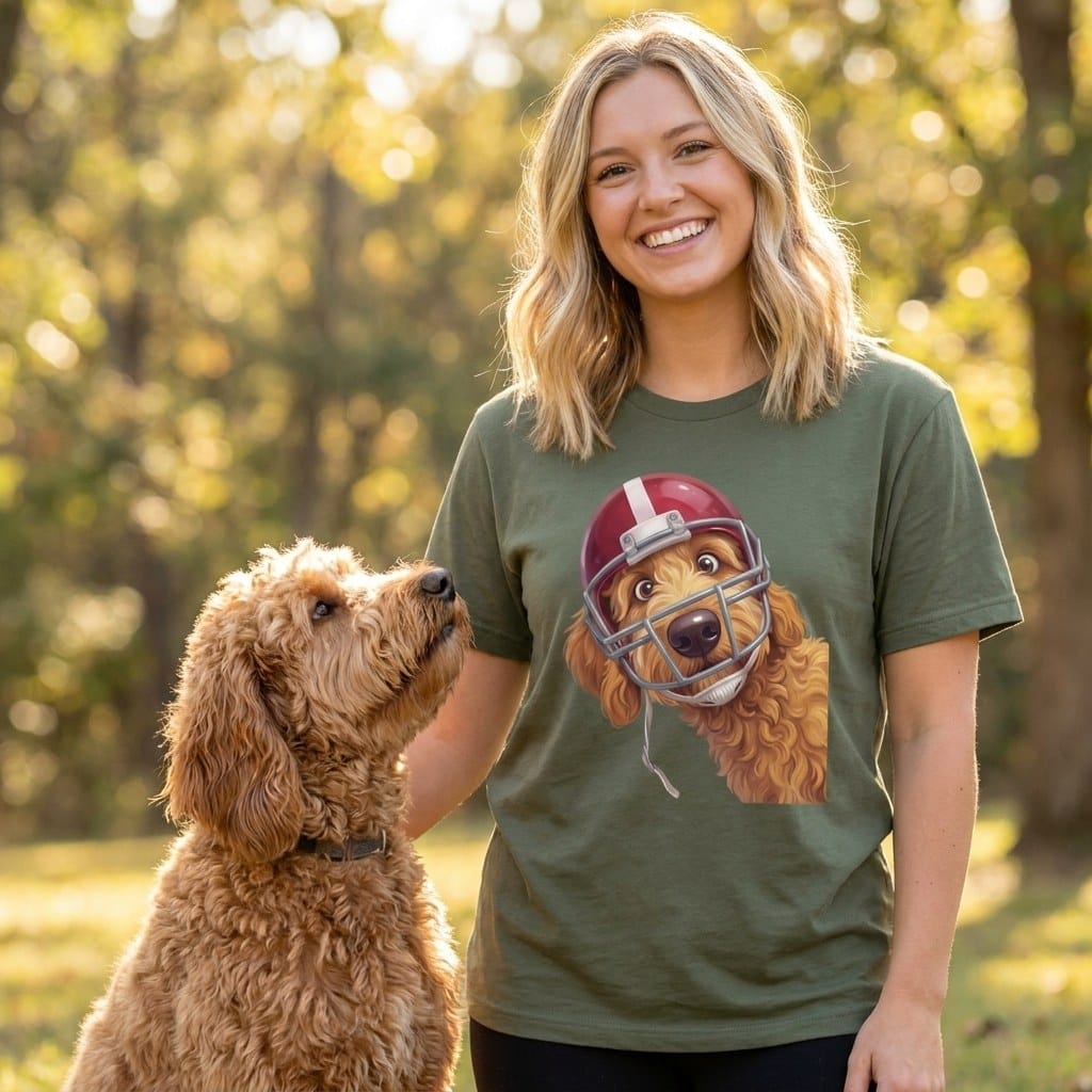 Apricot Goldendoodle Football Helmet T-Shirt in by Puppy Jo