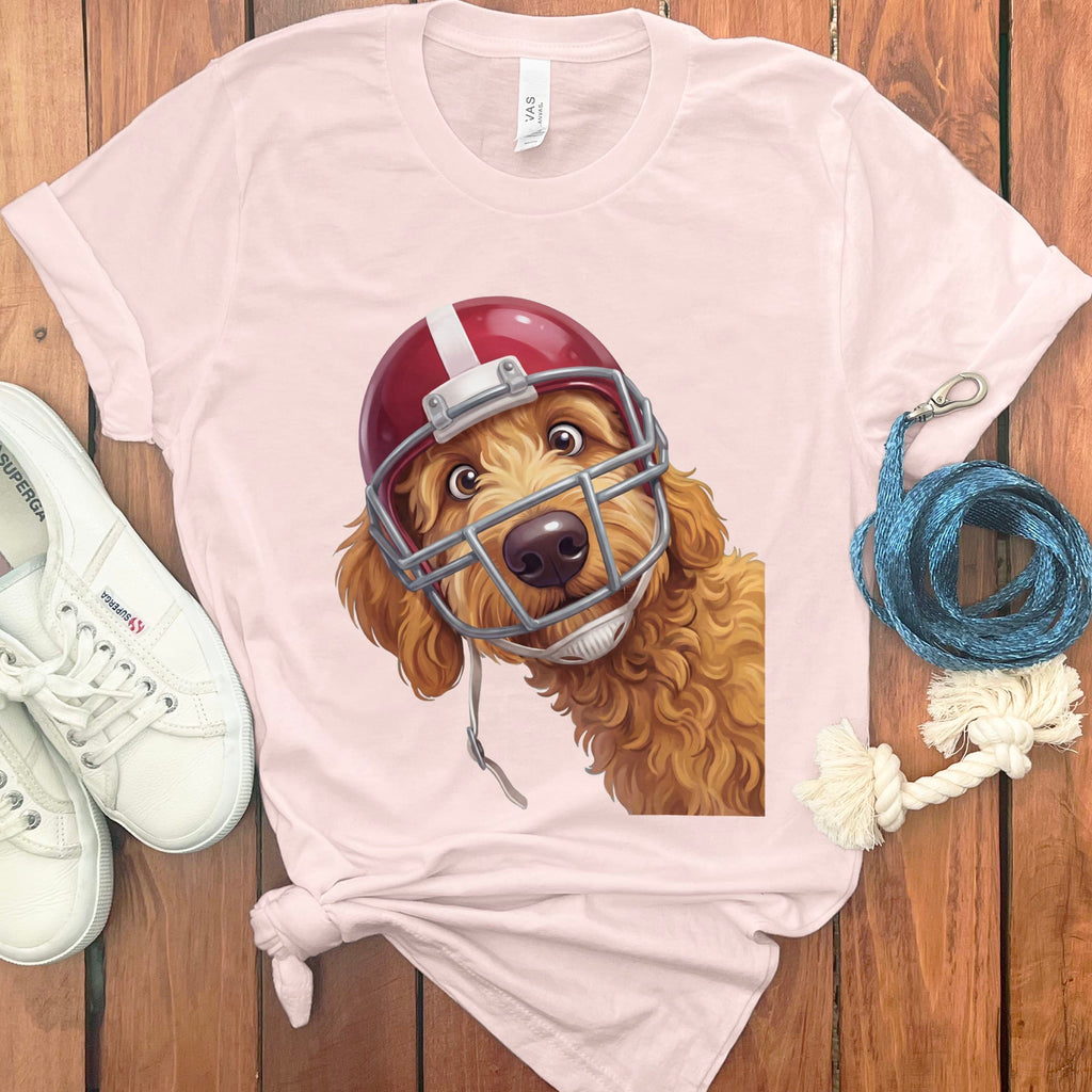 Apricot Goldendoodle Football Helmet T-Shirt in Soft Pink / S by Puppy Jo