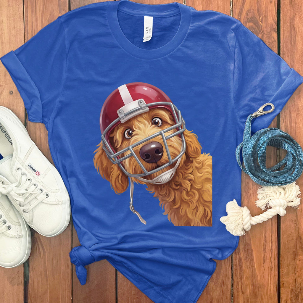 Apricot Goldendoodle Football Helmet T-Shirt in True Royal / S by Puppy Jo