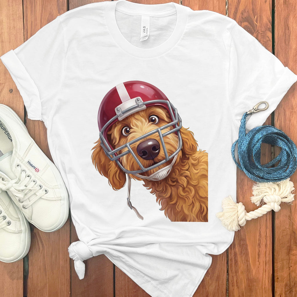 Apricot Goldendoodle Football Helmet T-Shirt in White / S by Puppy Jo