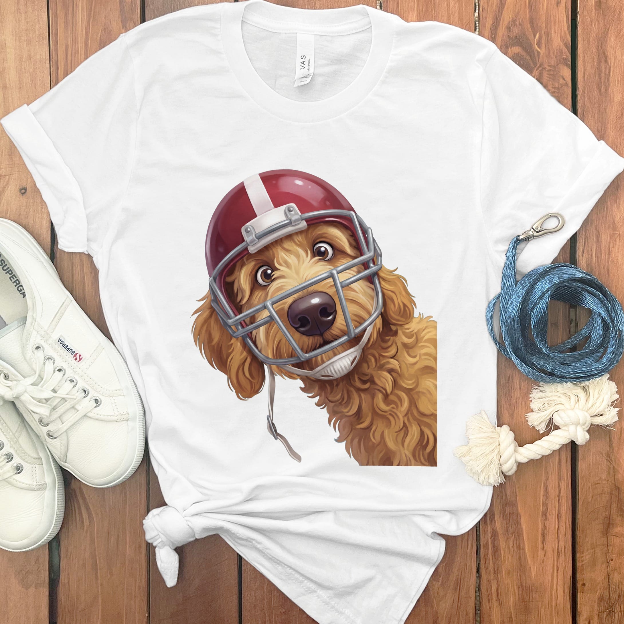 Apricot Goldendoodle Football Helmet T-Shirt in White / S by Puppy Jo