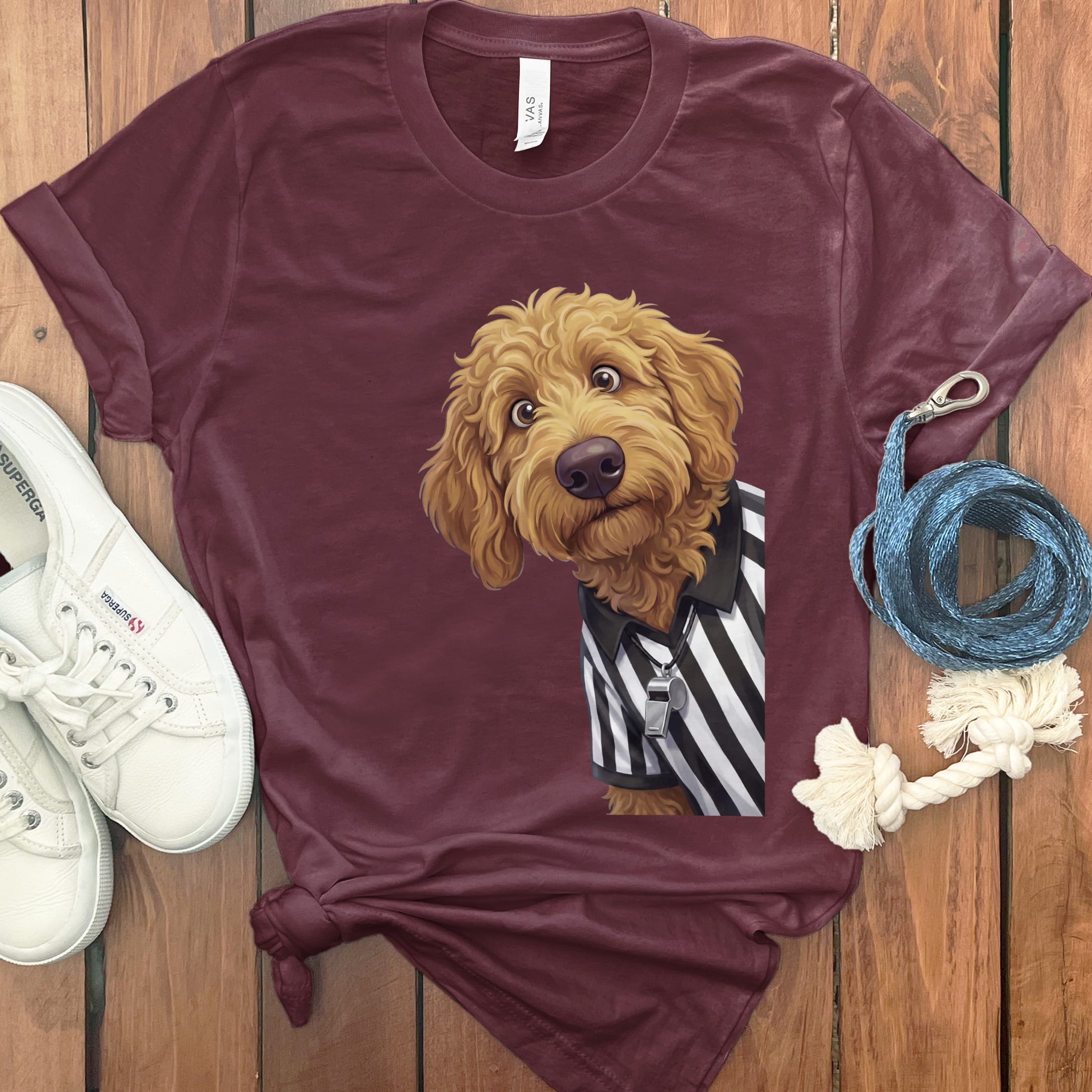 Apricot Goldendoodle Football Referee T-Shirt in Maroon / S by Puppy Jo