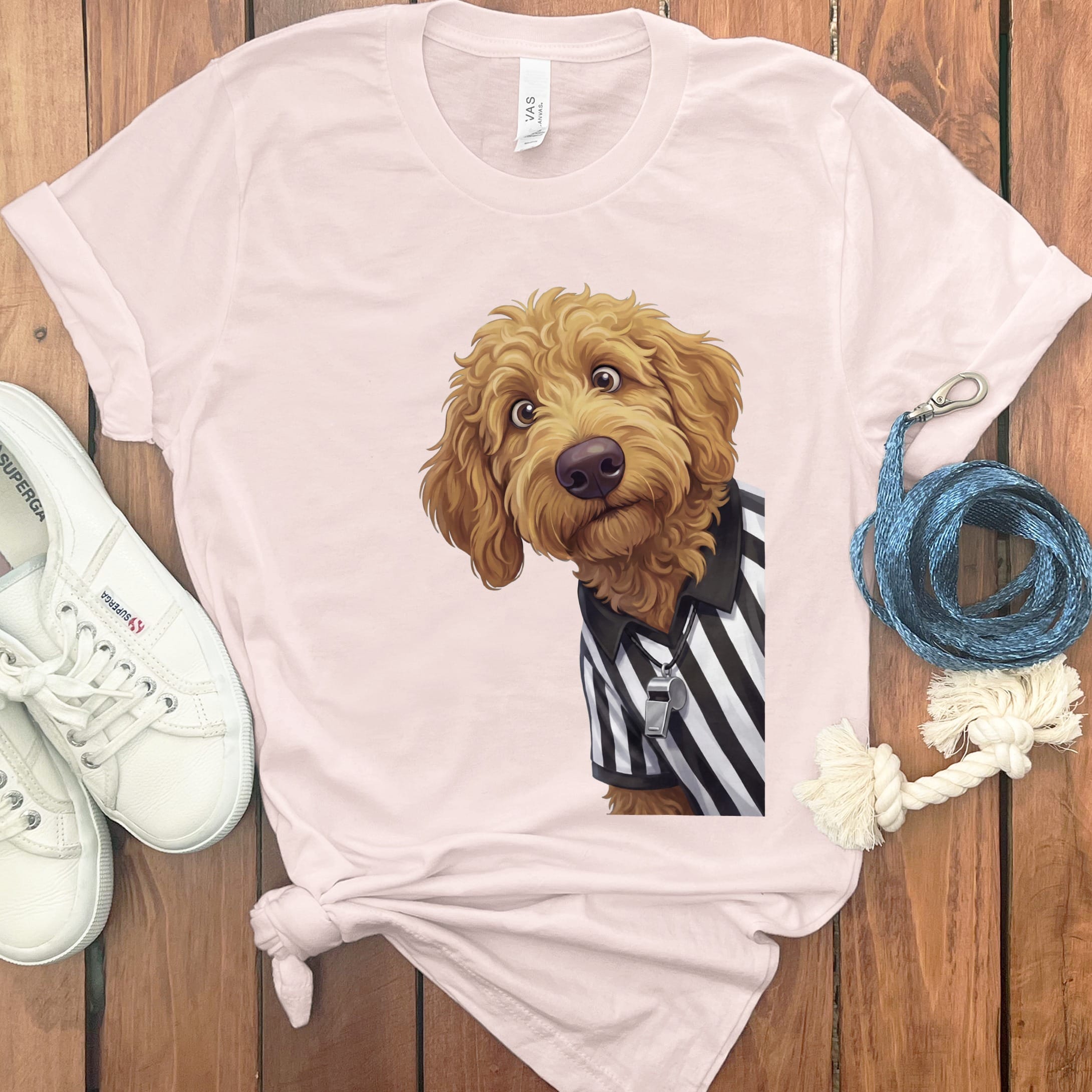 Apricot Goldendoodle Football Referee T-Shirt in Soft Pink / S by Puppy Jo