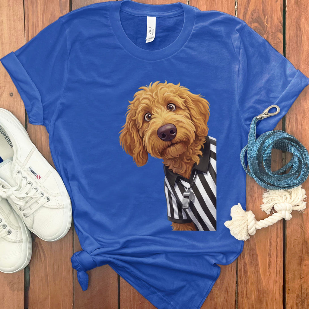 Apricot Goldendoodle Football Referee T-Shirt in True Royal / S by Puppy Jo