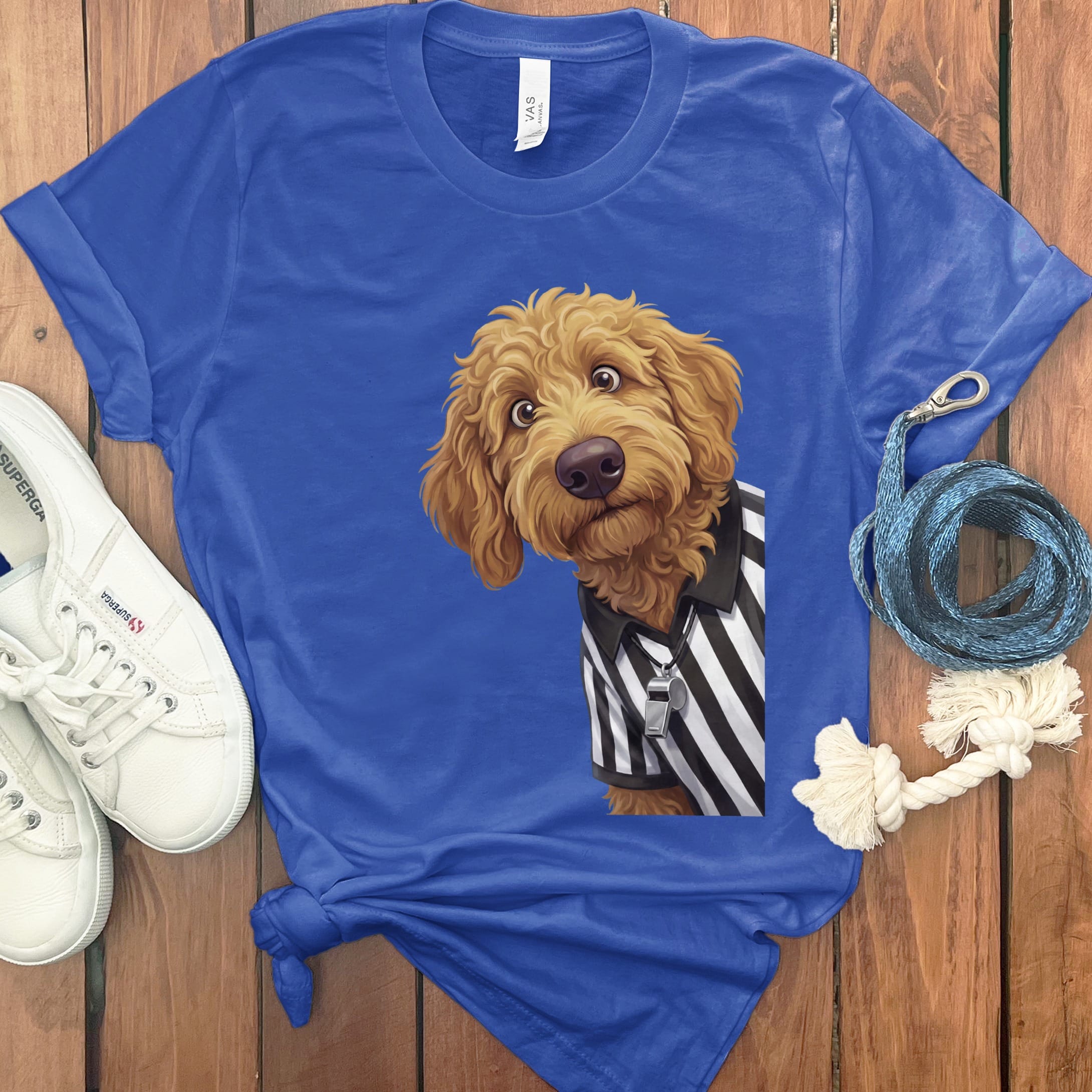 Apricot Goldendoodle Football Referee T-Shirt in True Royal / S by Puppy Jo