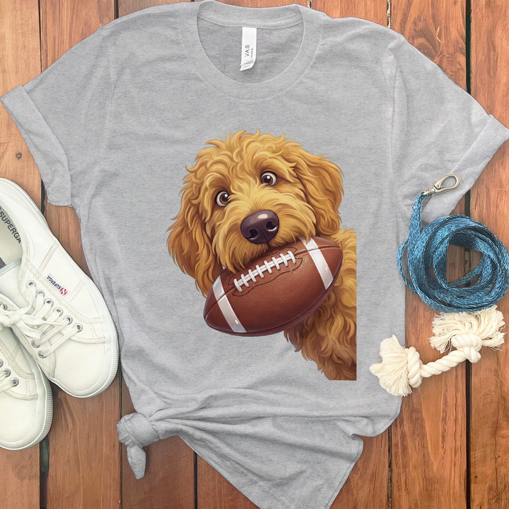 Apricot Goldendoodle Football T-Shirt in Athletic Heather / S by Puppy Jo