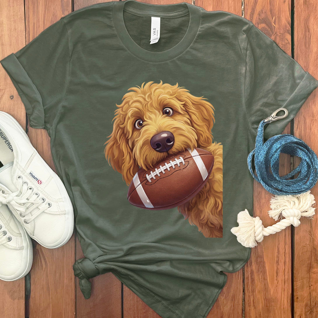 Apricot Goldendoodle Football T-Shirt in Military Green / S by Puppy Jo