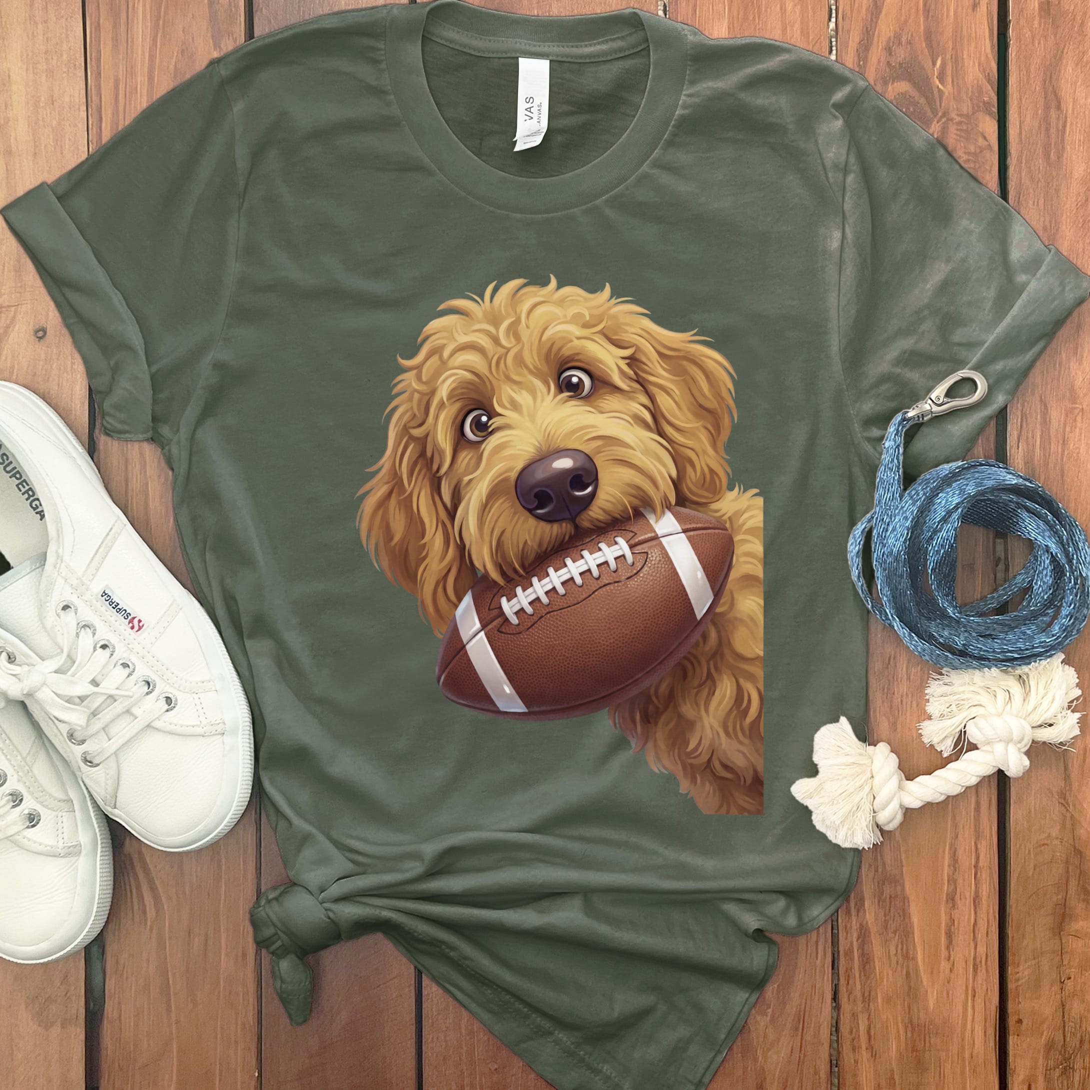 Apricot Goldendoodle Football T-Shirt in Military Green / S by Puppy Jo