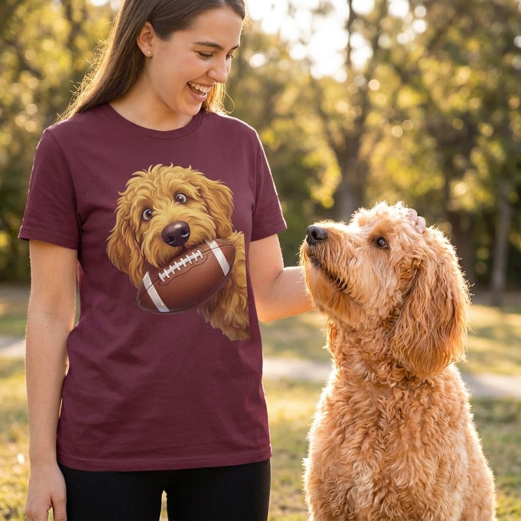 Apricot Goldendoodle Football T-Shirt in by Puppy Jo