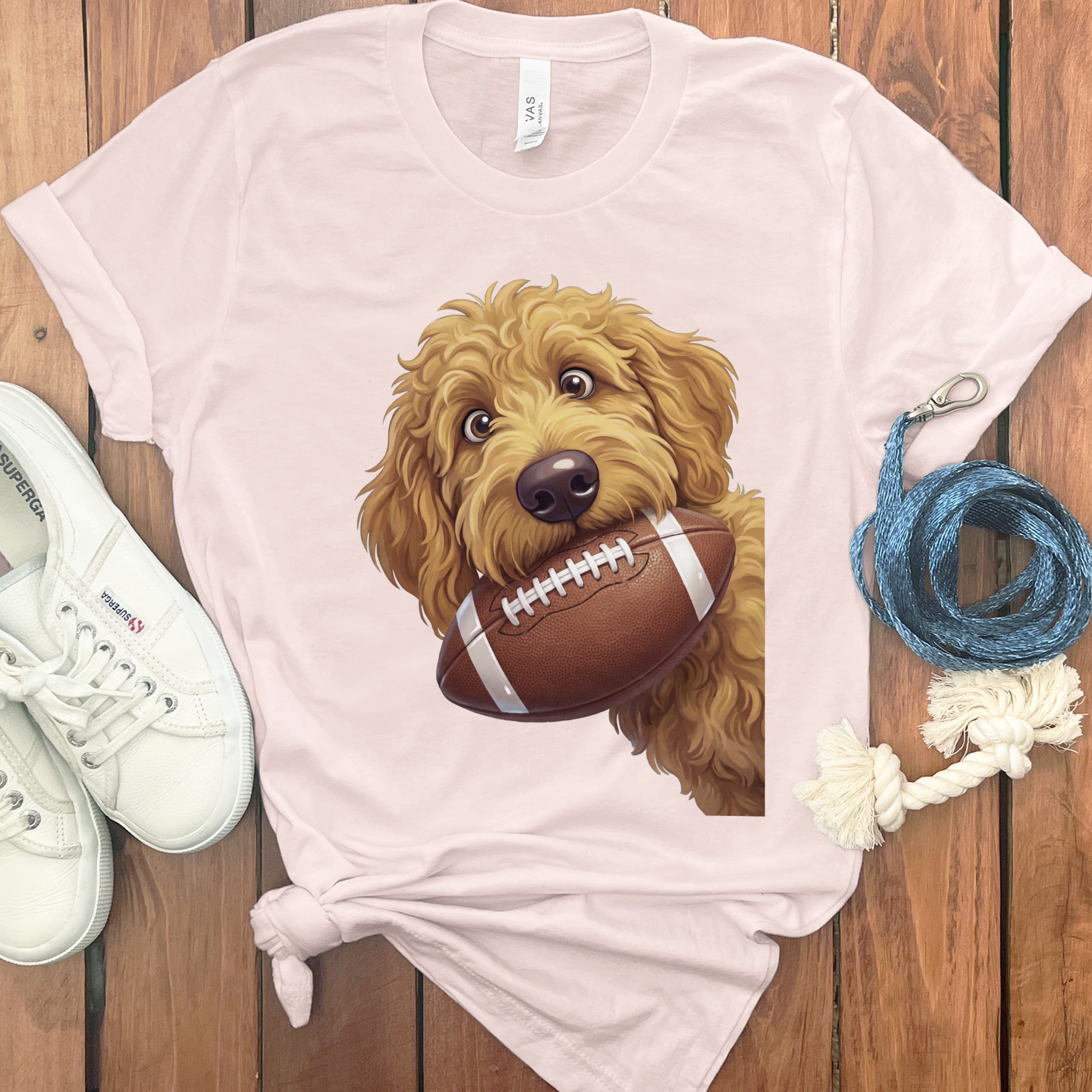 Apricot Goldendoodle Football T-Shirt in Soft Pink / S by Puppy Jo