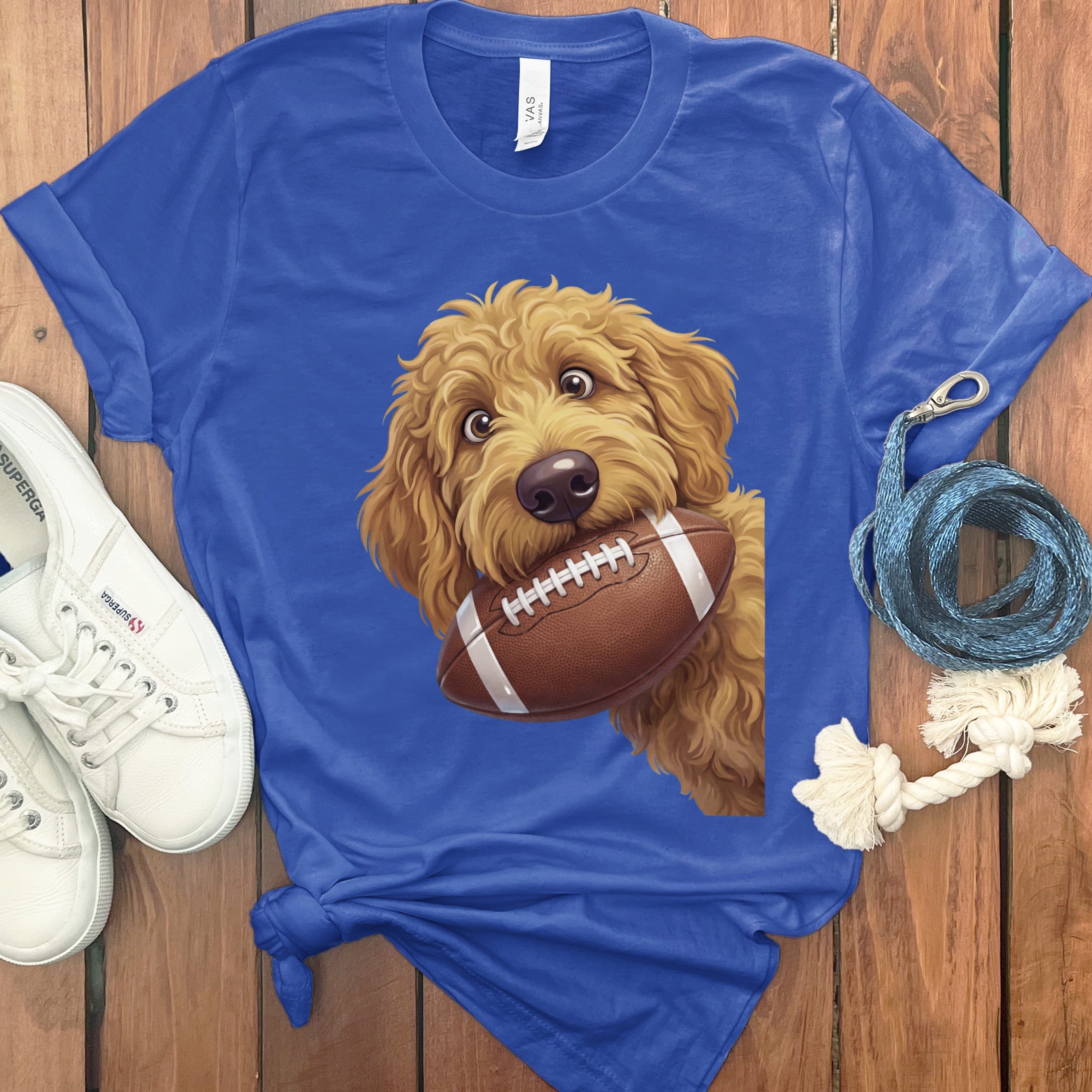 Apricot Goldendoodle Football T-Shirt in True Royal / S by Puppy Jo