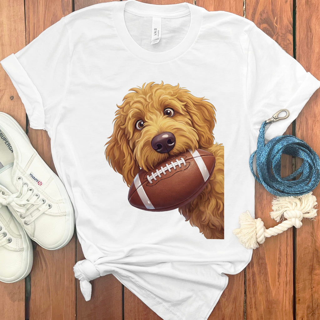 Apricot Goldendoodle Football T-Shirt in White / S by Puppy Jo