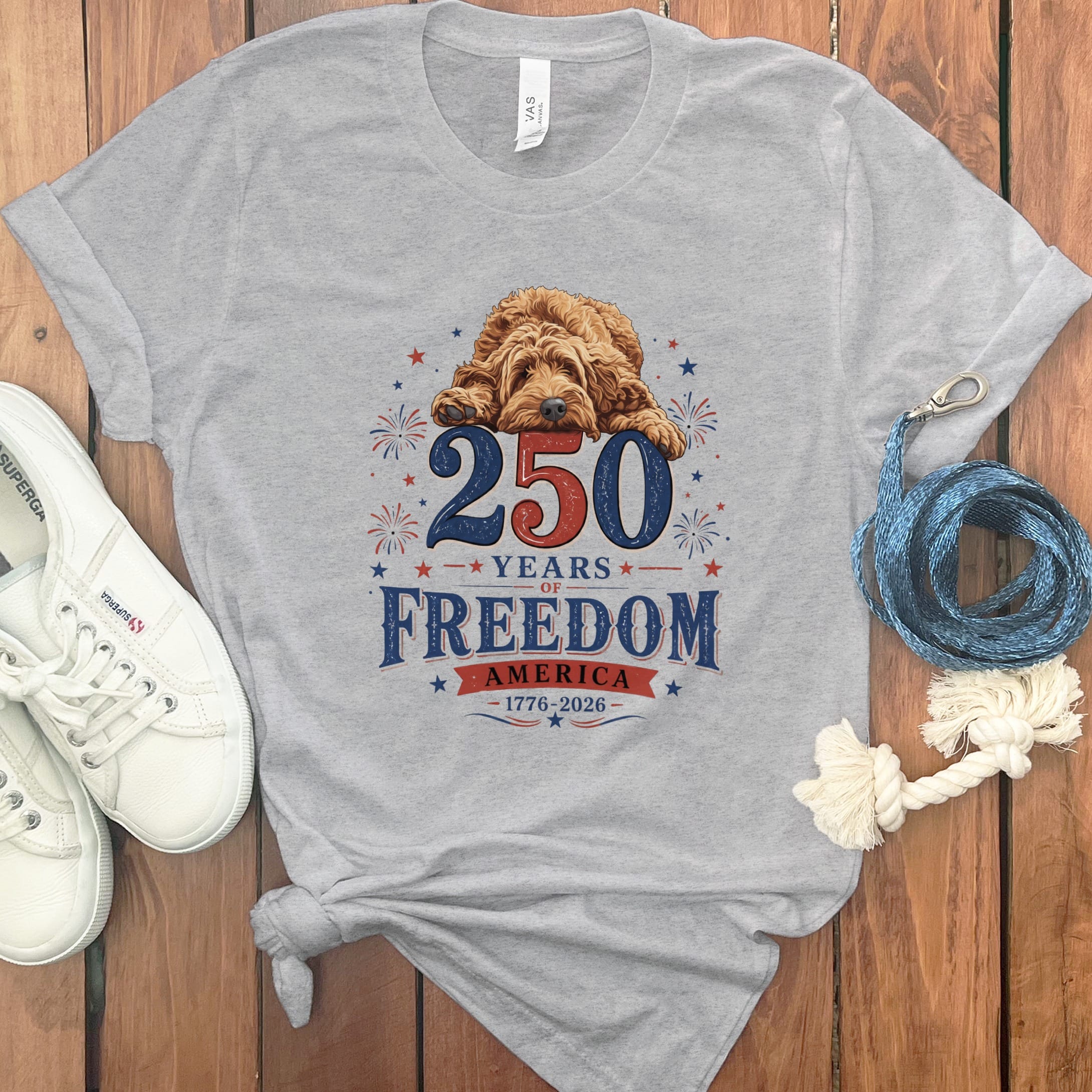 Apricot Goldendoodle Freedom T-Shirt in Athletic Heather / S by Puppy Jo