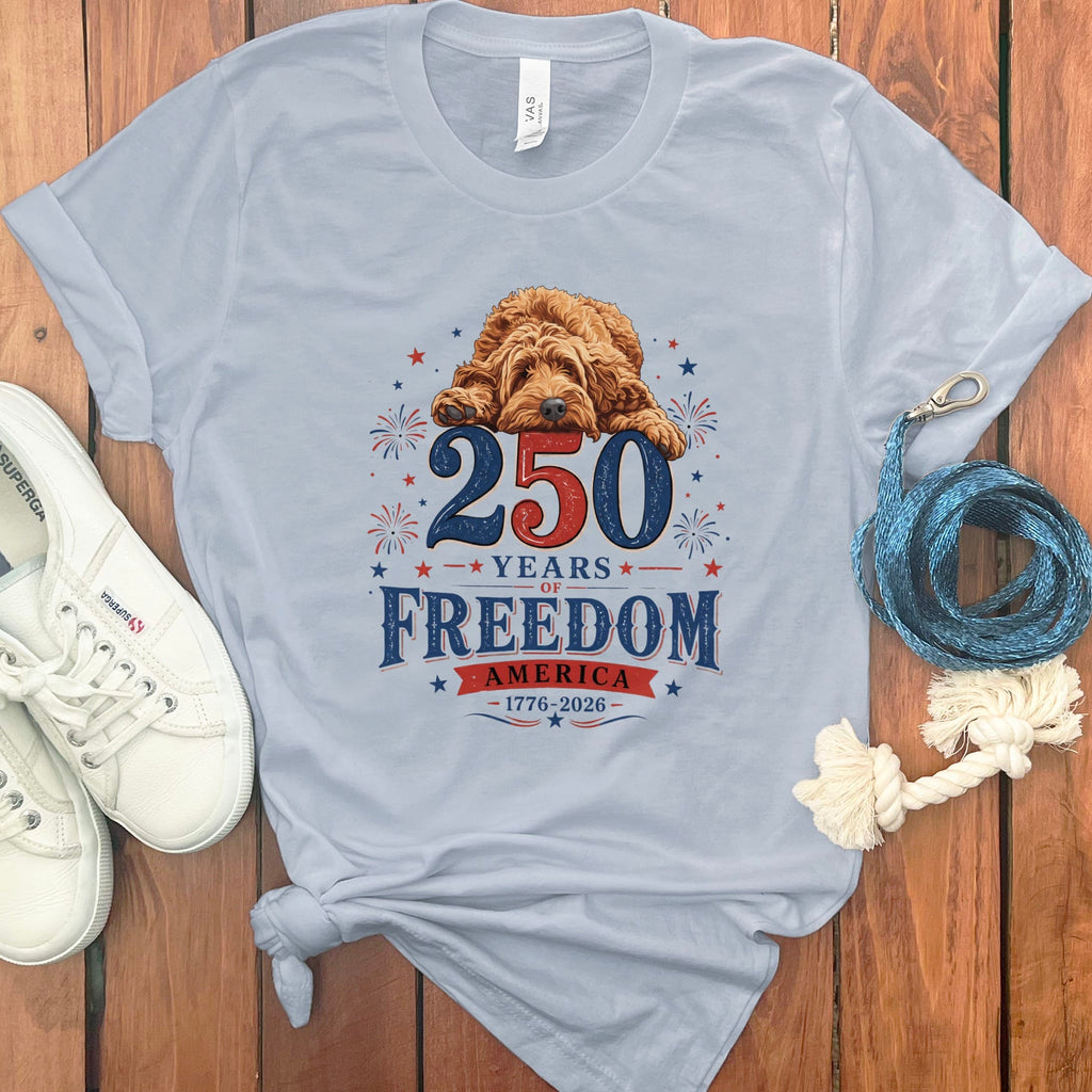 Apricot Goldendoodle Freedom T-Shirt in Light Blue / S by Puppy Jo