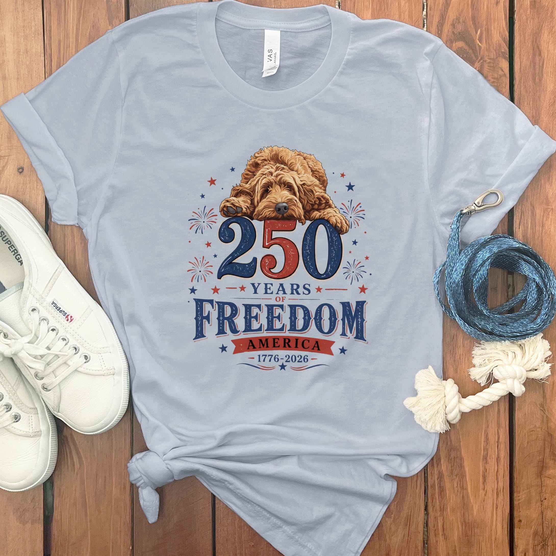 Apricot Goldendoodle Freedom T-Shirt in Light Blue / S by Puppy Jo