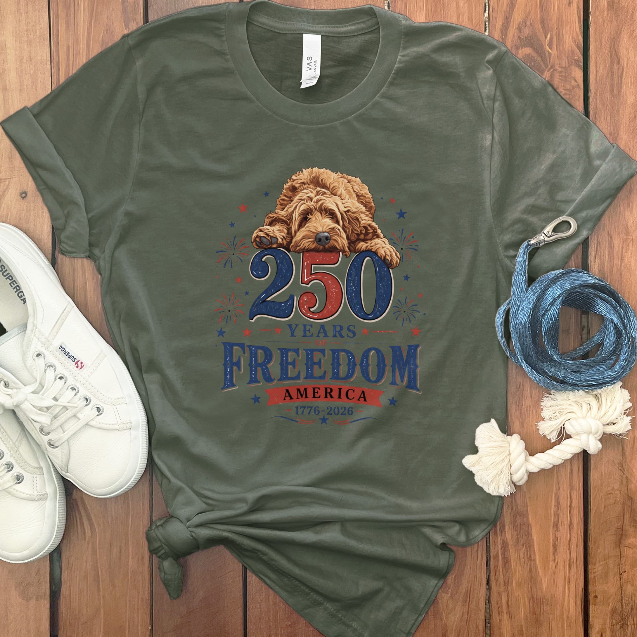 Apricot Goldendoodle Freedom T-Shirt in Military Green / S by Puppy Jo