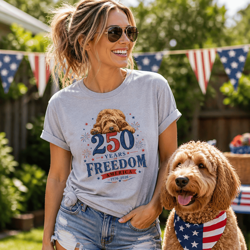 Apricot Goldendoodle Freedom T-Shirt in by Puppy Jo