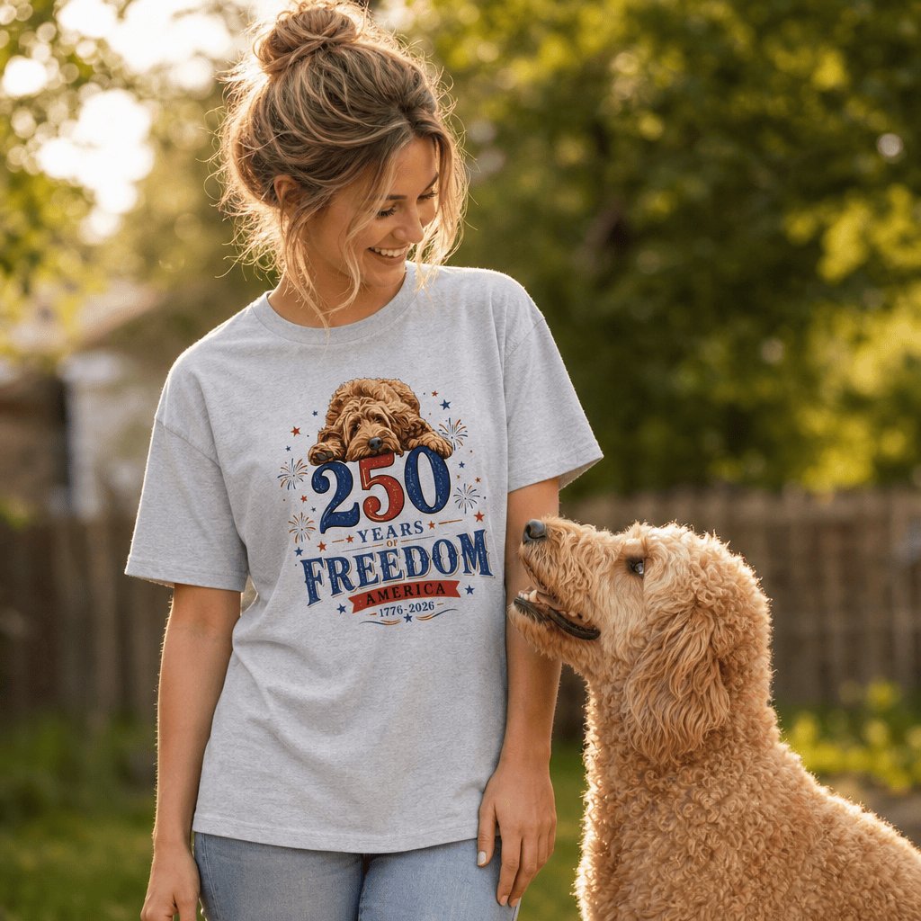 Apricot Goldendoodle Freedom T-Shirt in by Puppy Jo