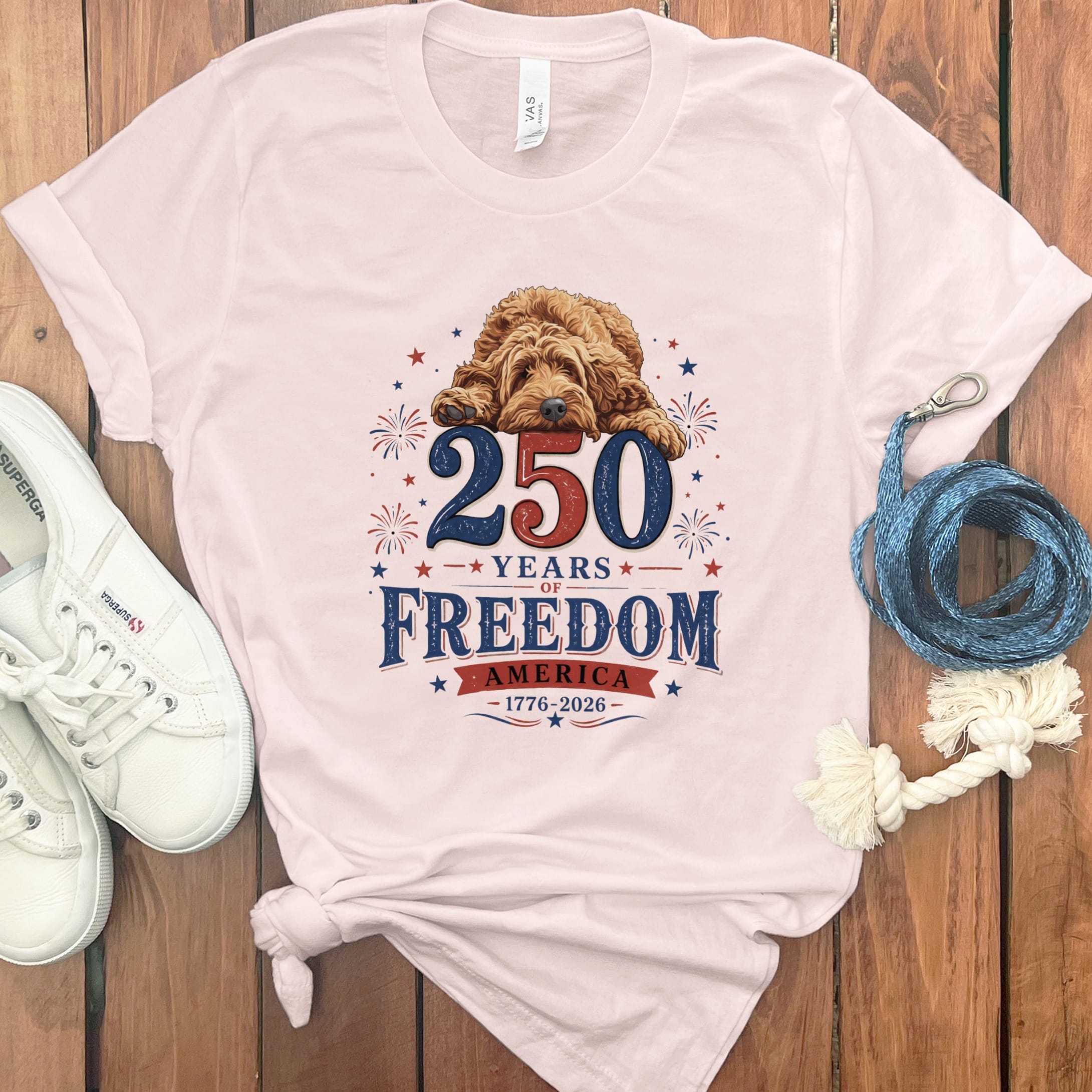 Apricot Goldendoodle Freedom T-Shirt in Soft Pink / S by Puppy Jo