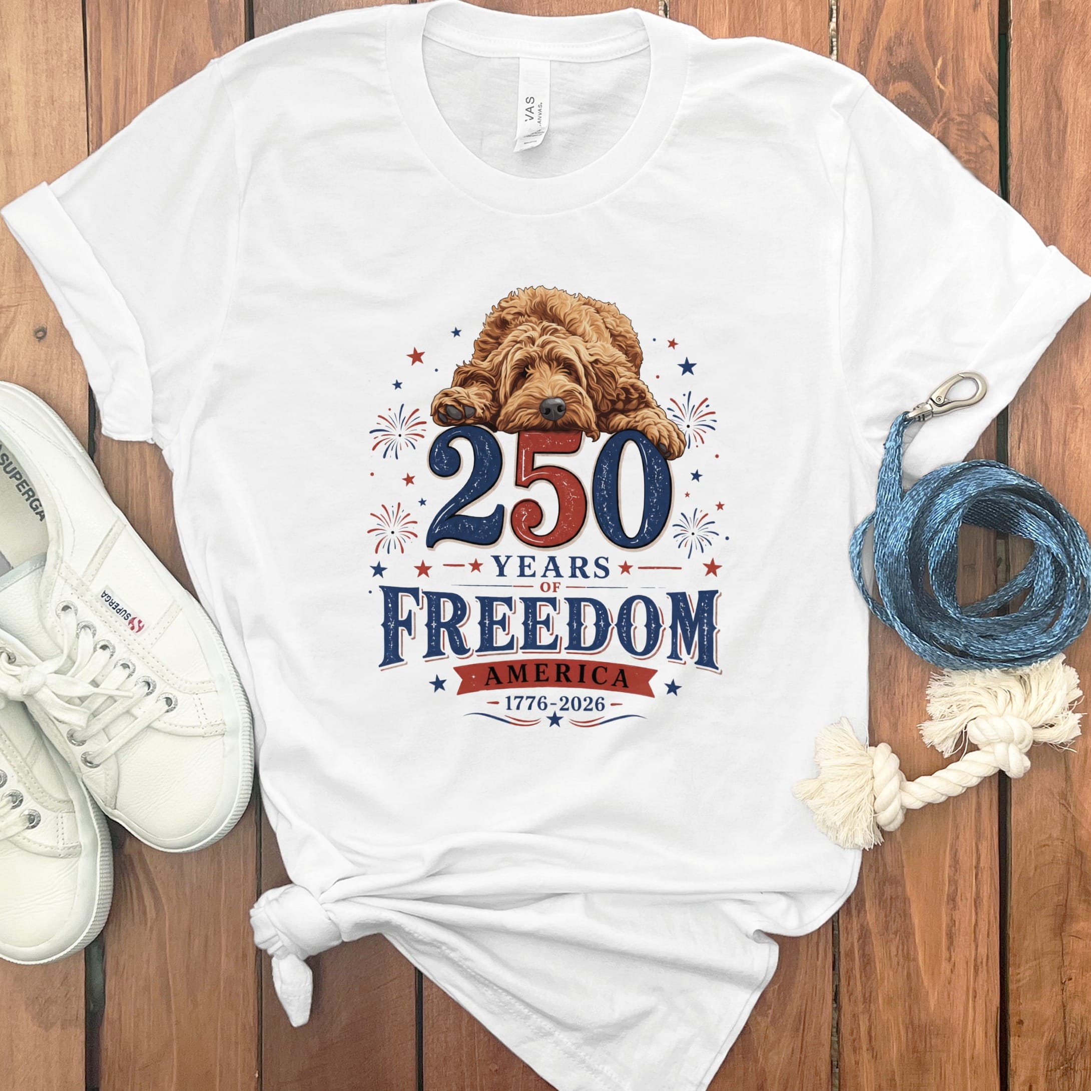 Apricot Goldendoodle Freedom T-Shirt in White / S by Puppy Jo